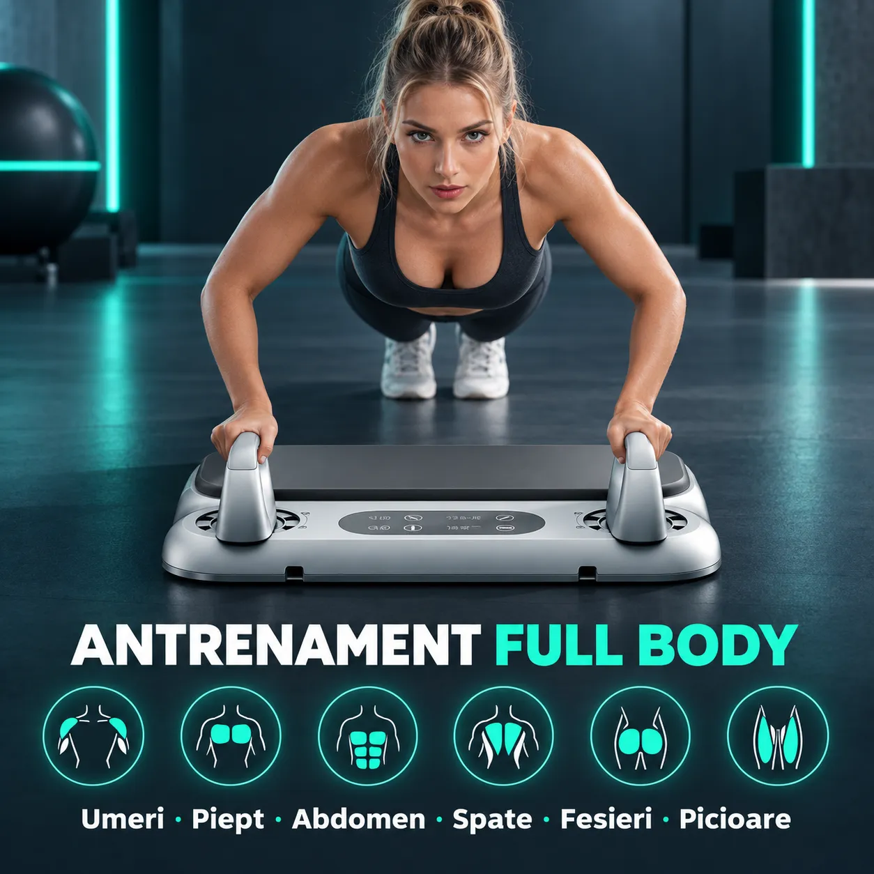 Timebox 6-in-1 placa fitness gri cu timer si corzi elastice