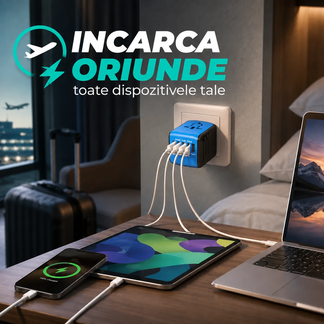 Timebox Adaptor priză călătorie 3 USB + Type-C albastru