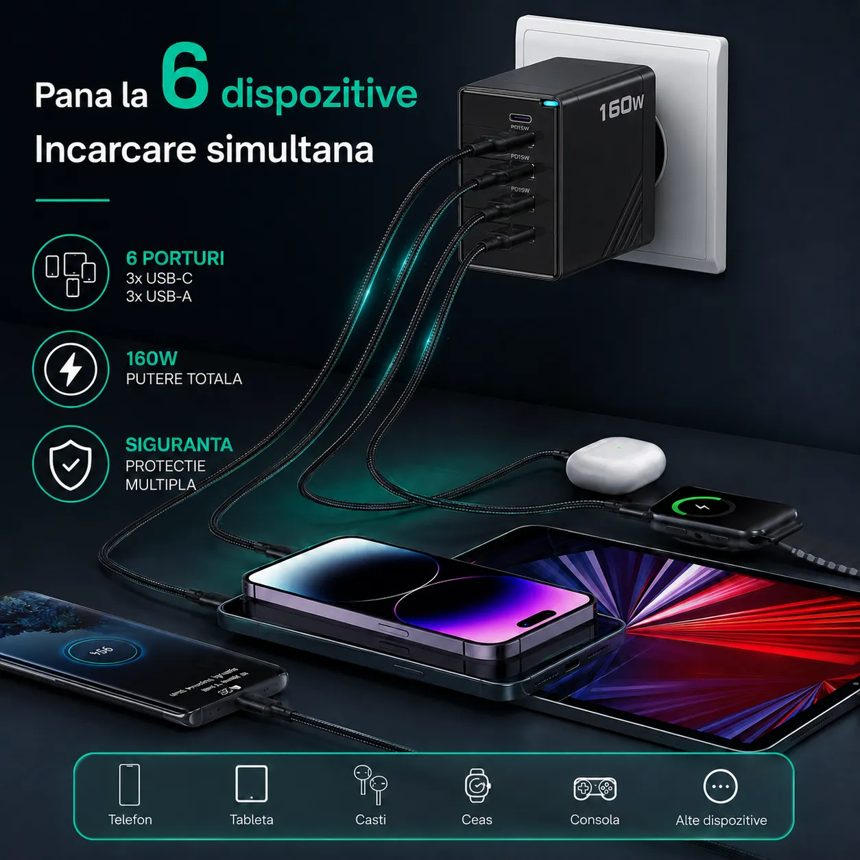 Incarcator retea Timebox 160W cu 6 porturi PD + QC3.0
