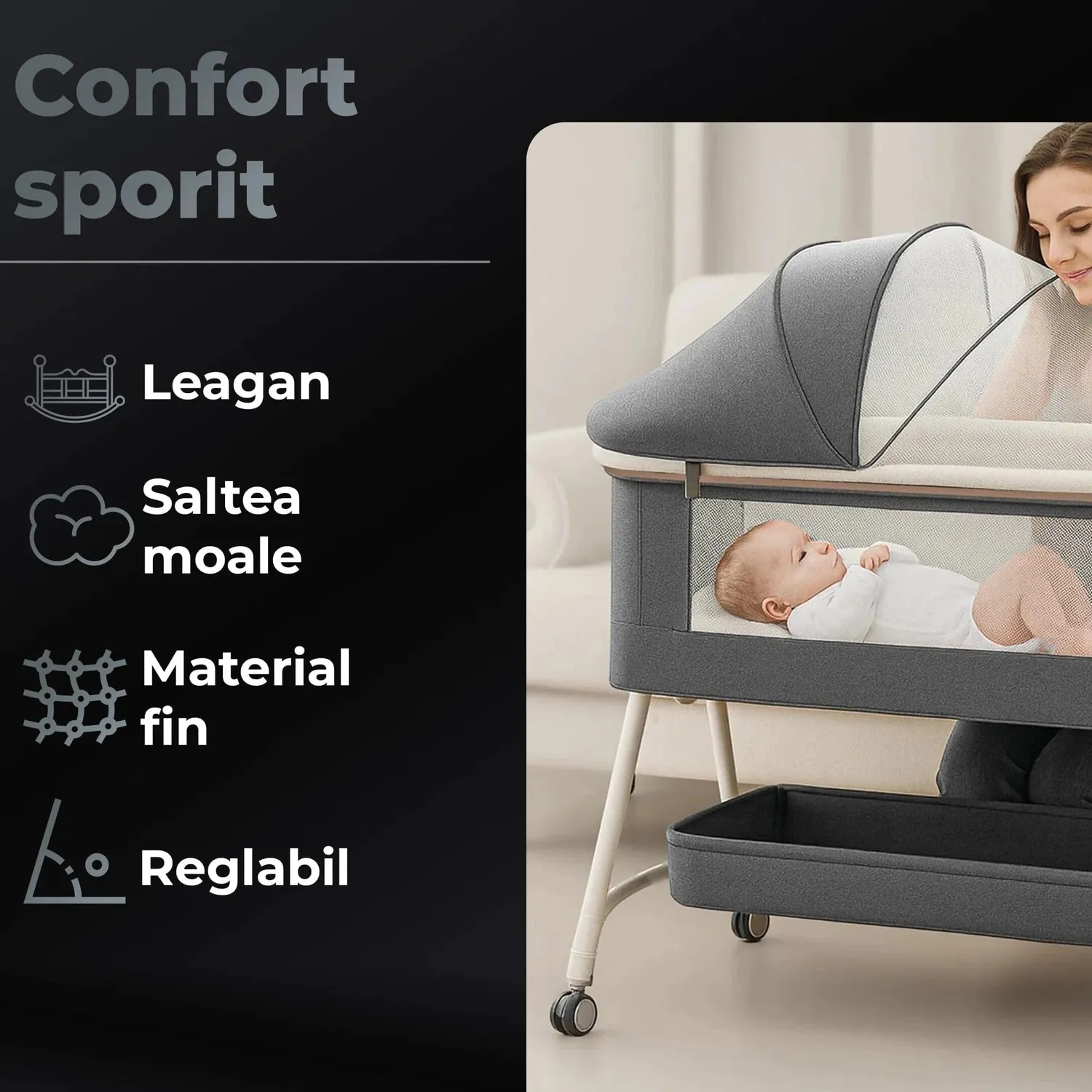 Timebox Pătuț Pliabil Co-Sleeper Gri cu Saltea