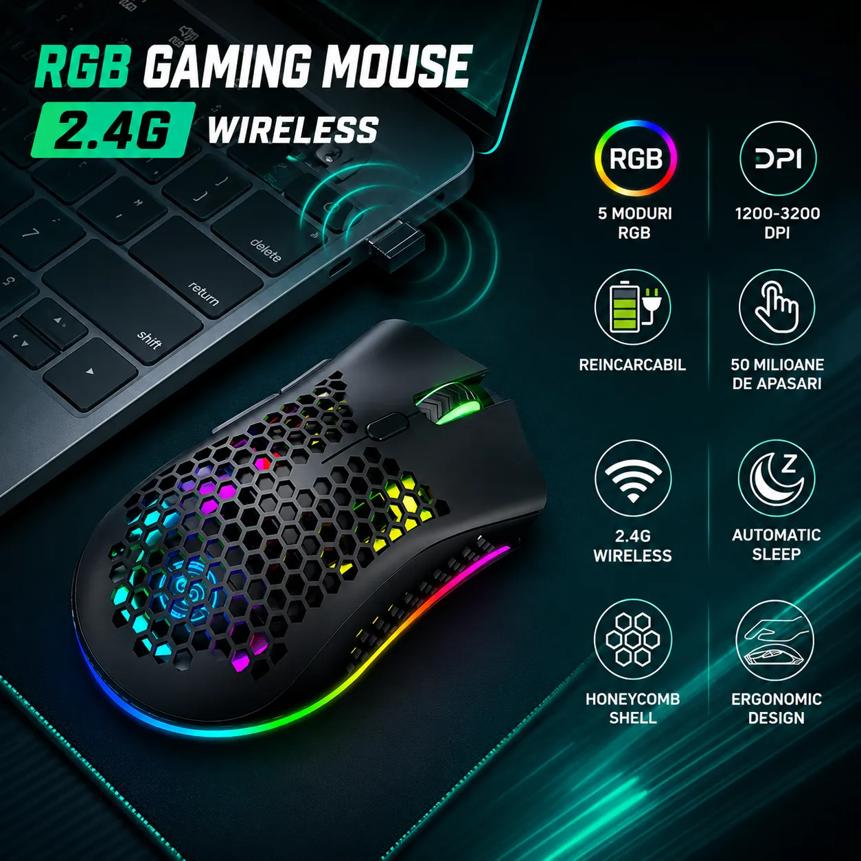 Timebox mouse gaming wireless 95g RGB negru FastCharge