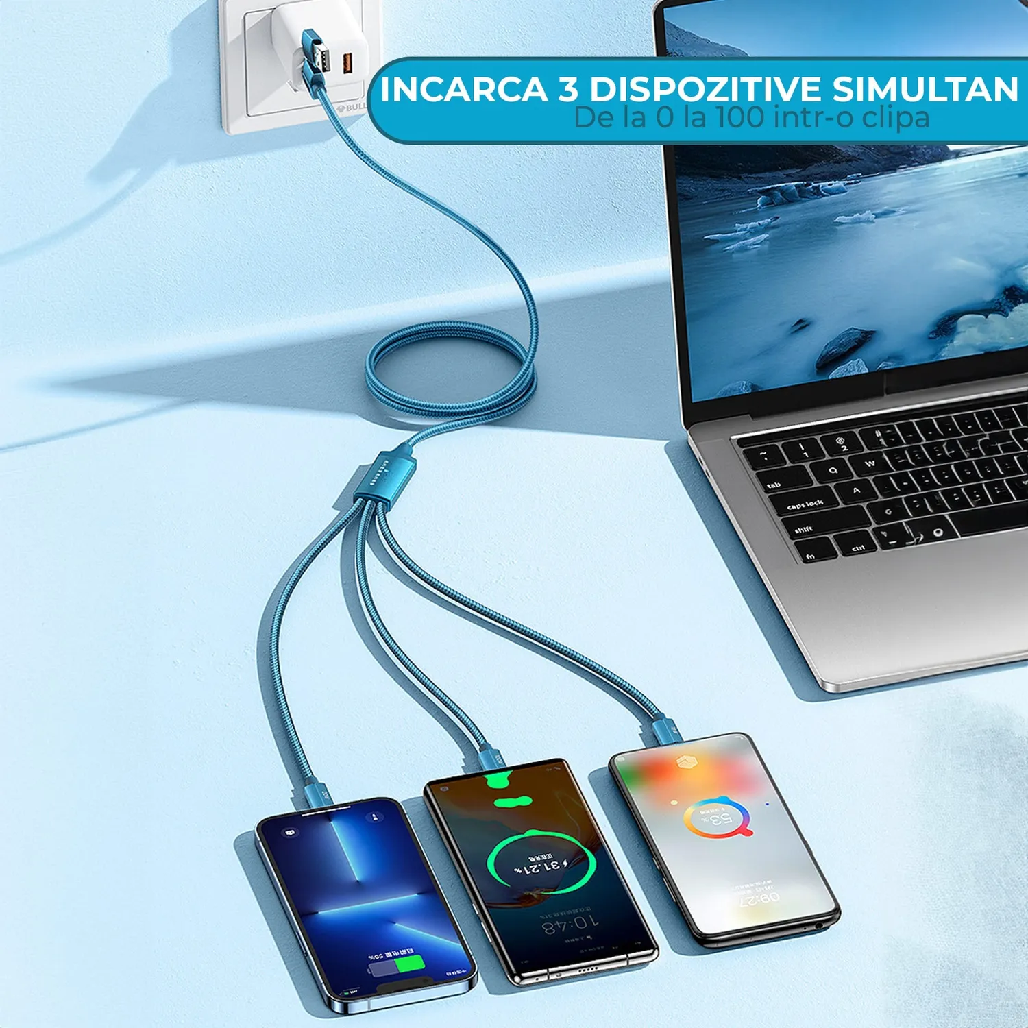 Timebox 6 în 1 cablu încărcare 100W 1m turcoaz