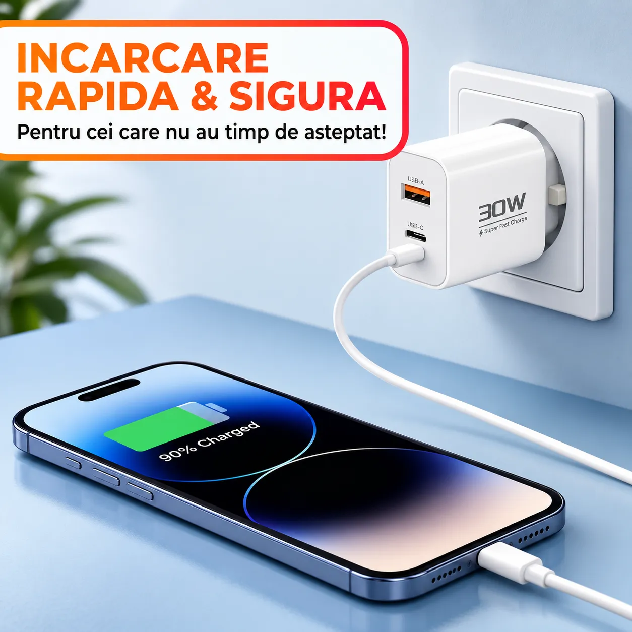 Timebox incarcator retea 30W 3 porturi alb Type-C USB