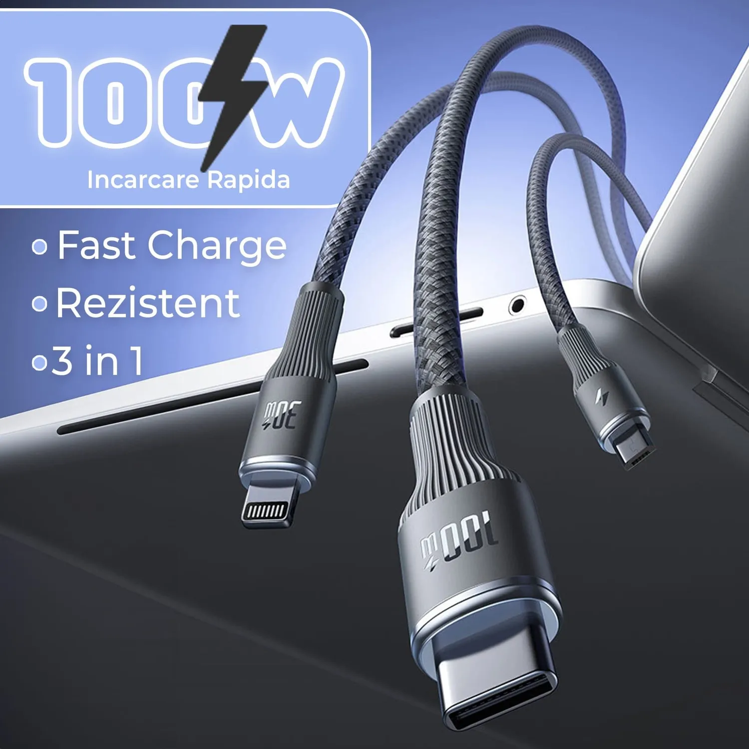 Timebox 3 in 1 100W Cablu Incarcare 1,5m Negru Micro-USB