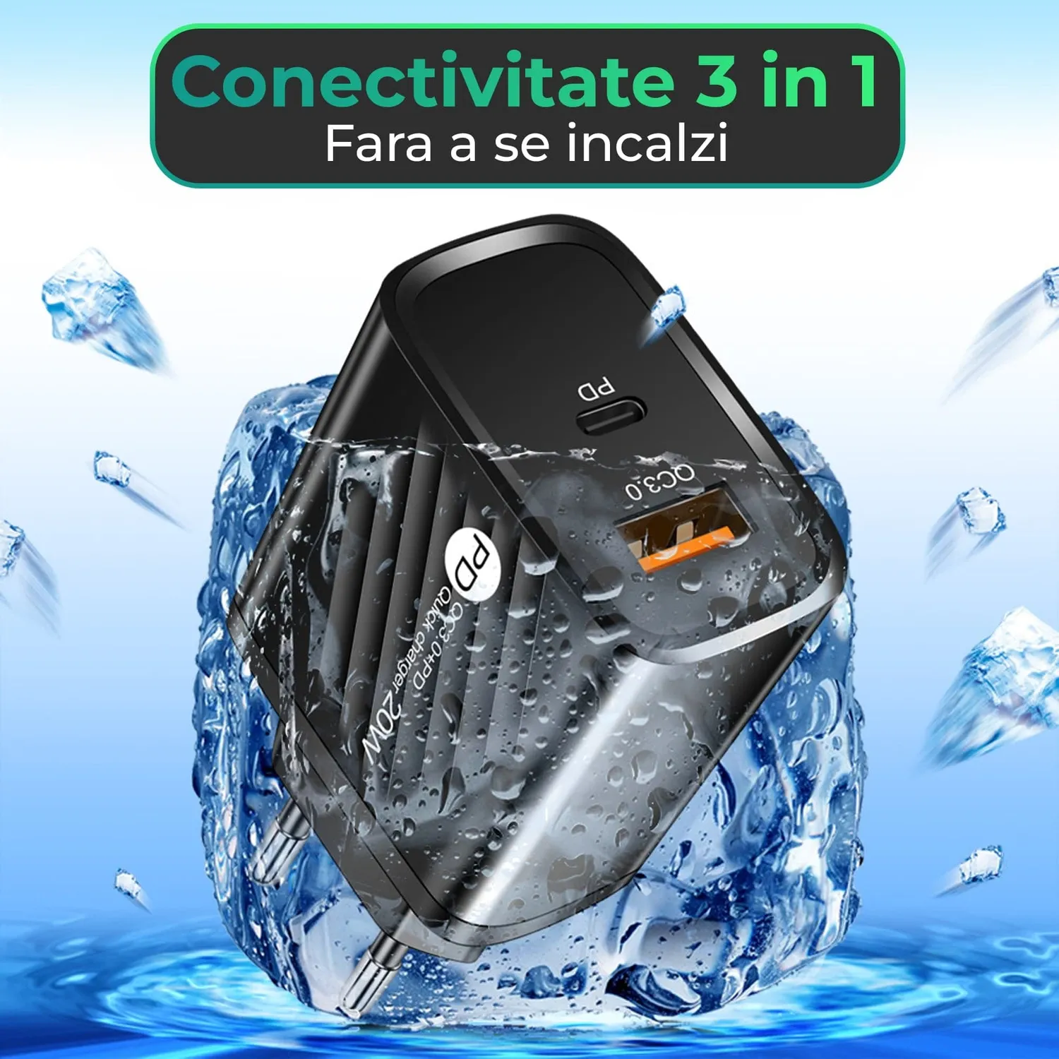 Timebox incarcator retea 20W negru USB + Type-C QC 3.0