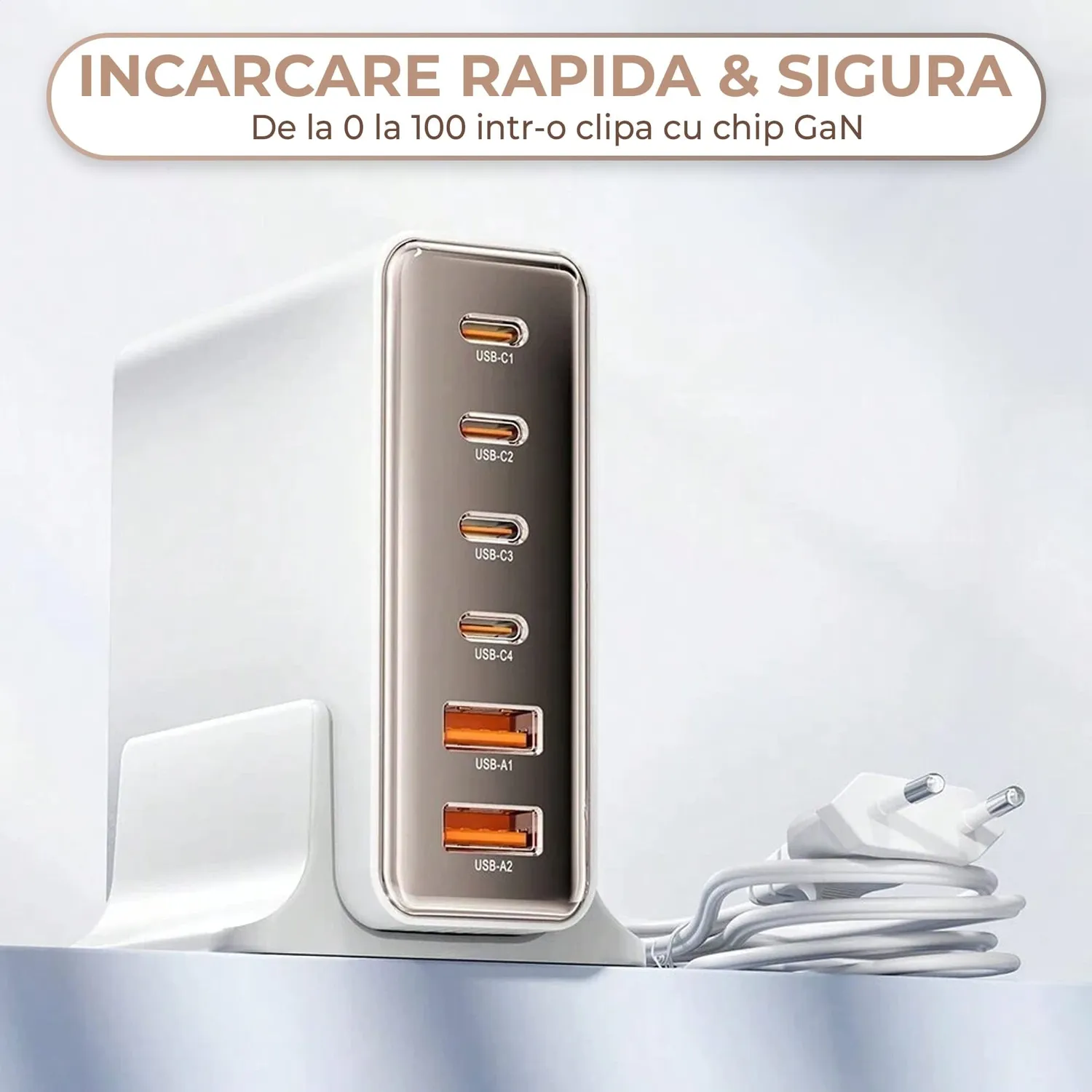 Timebox încărcător rețea 6 porturi 80W auriu 4x Type-C