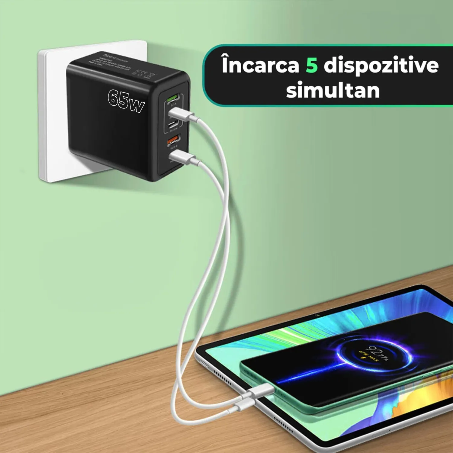 Incarcator retea Timebox 65W 5 porturi negru fast charge