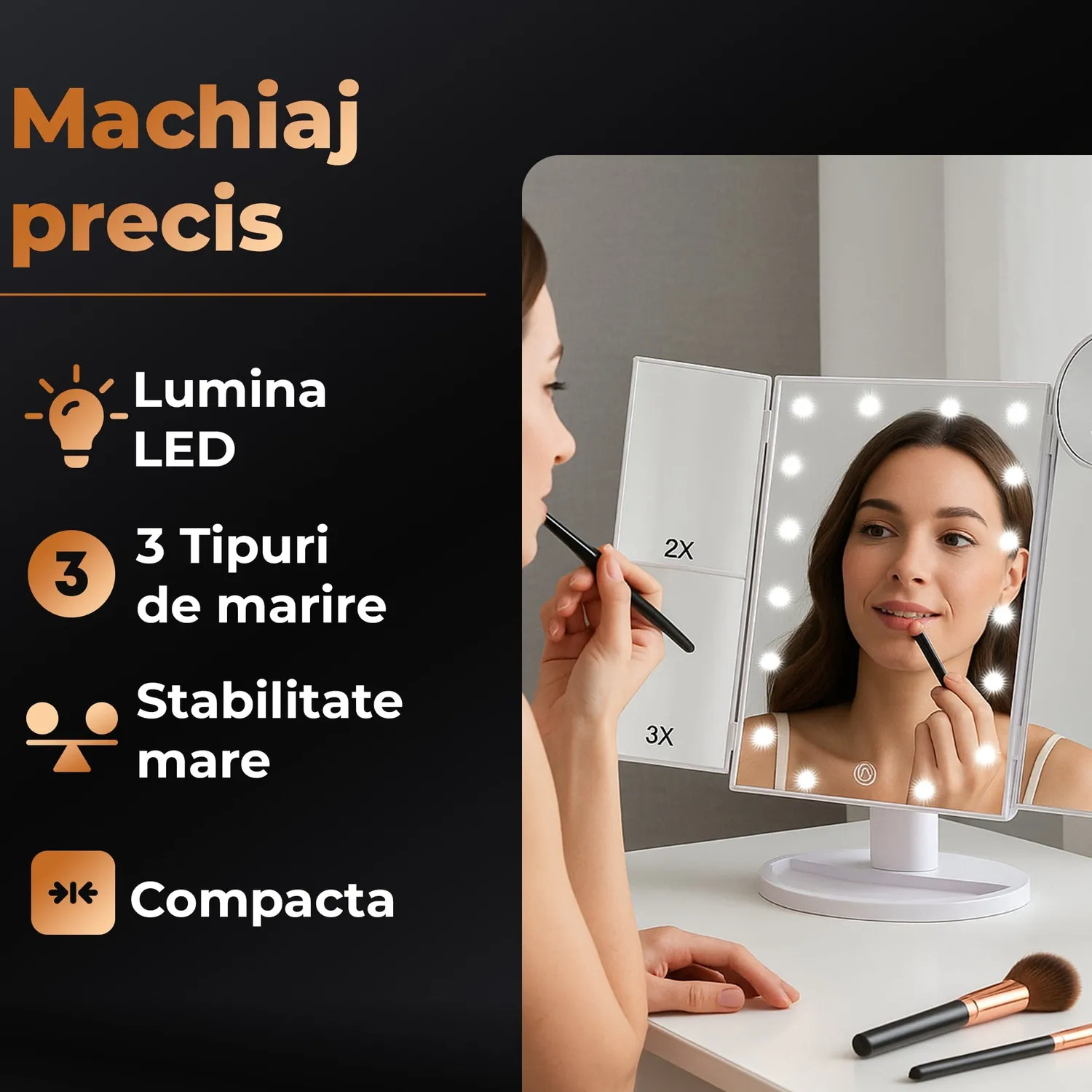 Timebox oglinda cosmetica LED 2X 3X 10X USB