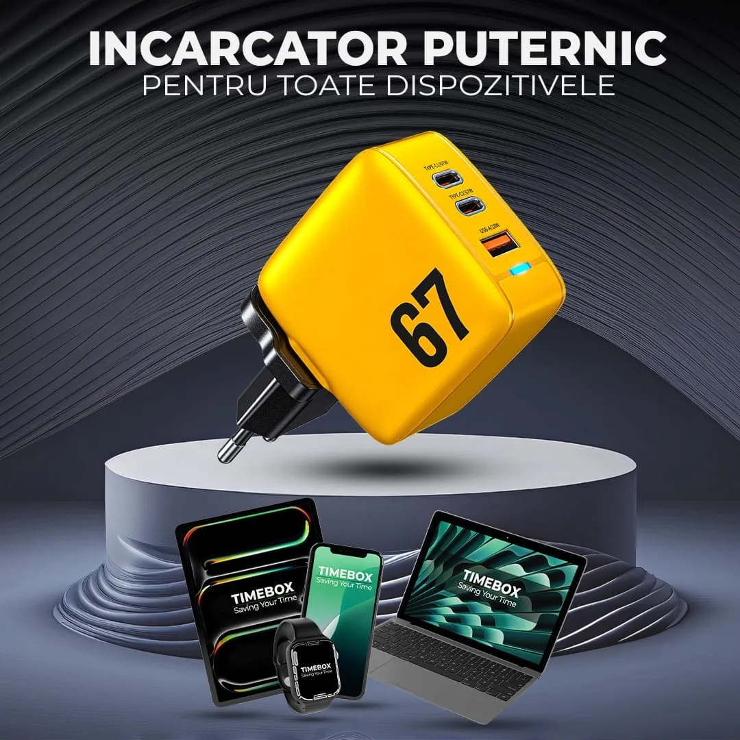 Încărcător rețea Timebox 67W 3 porturi galben LED