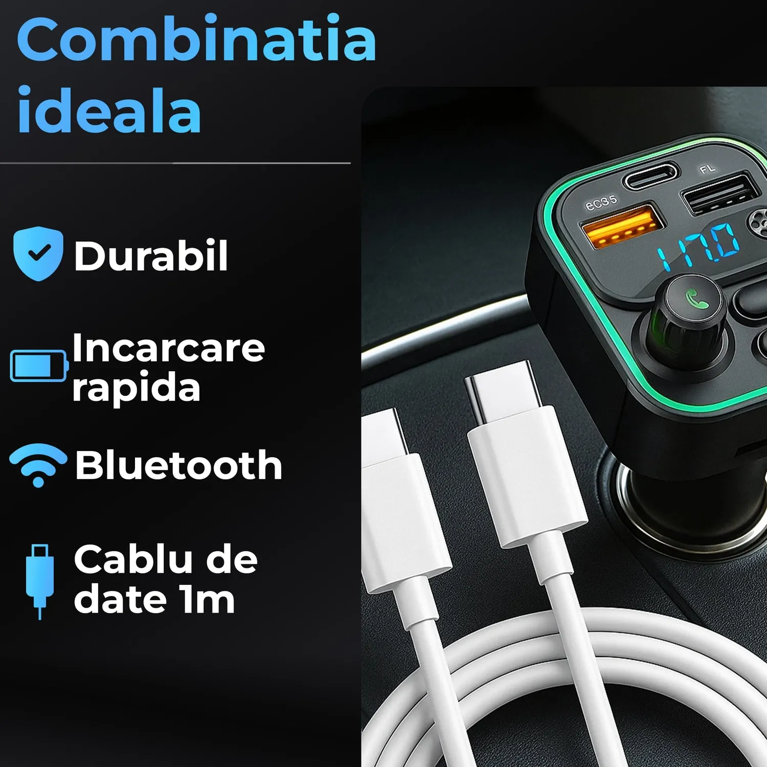 Timebox Pachet accesorii auto USB-C 66W 1m alb hands-free