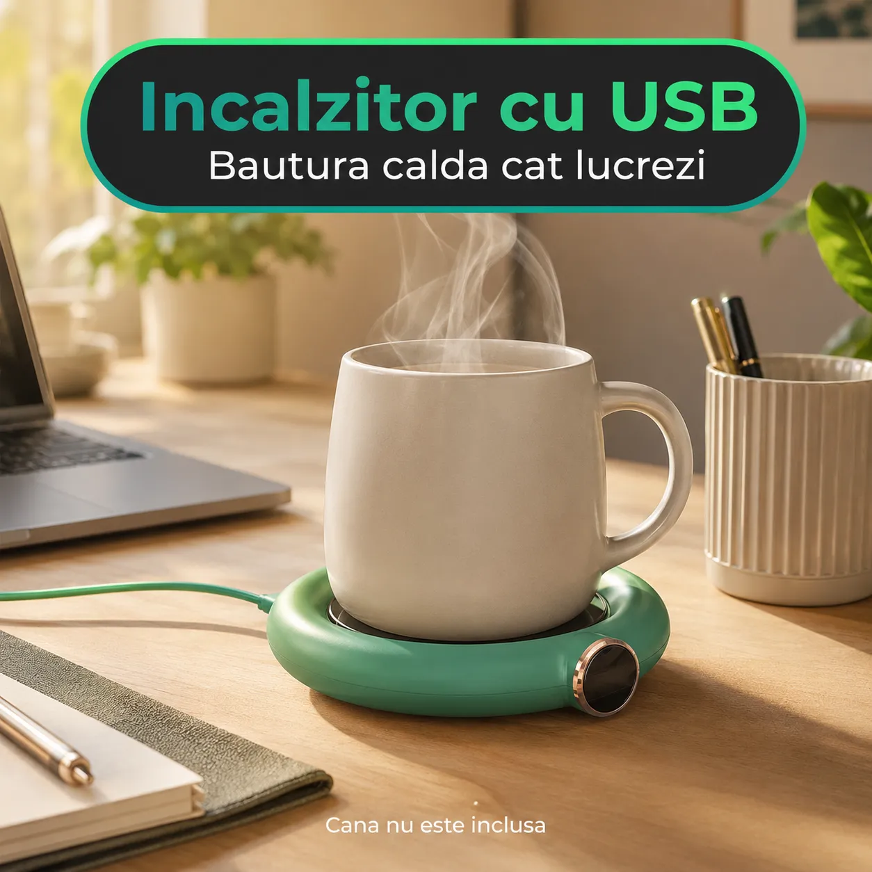 Timebox incalzitor cana USB verde 75°C 3 trepte LED