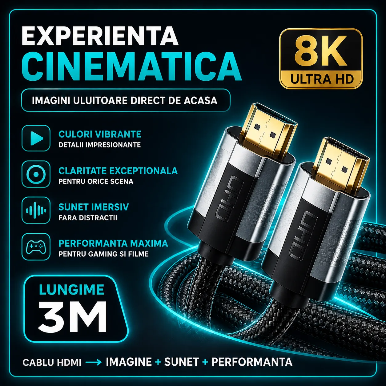 Timebox Cablu HDMI 2.1 8K 60Hz 3m 48Gbps eARC