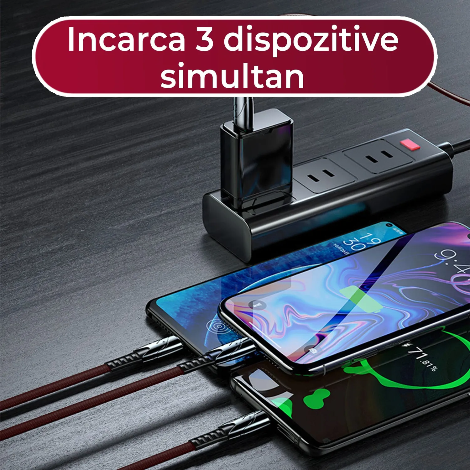 Timebox Cablu 3 in 1 120W Nailon Rosu USB Lightning