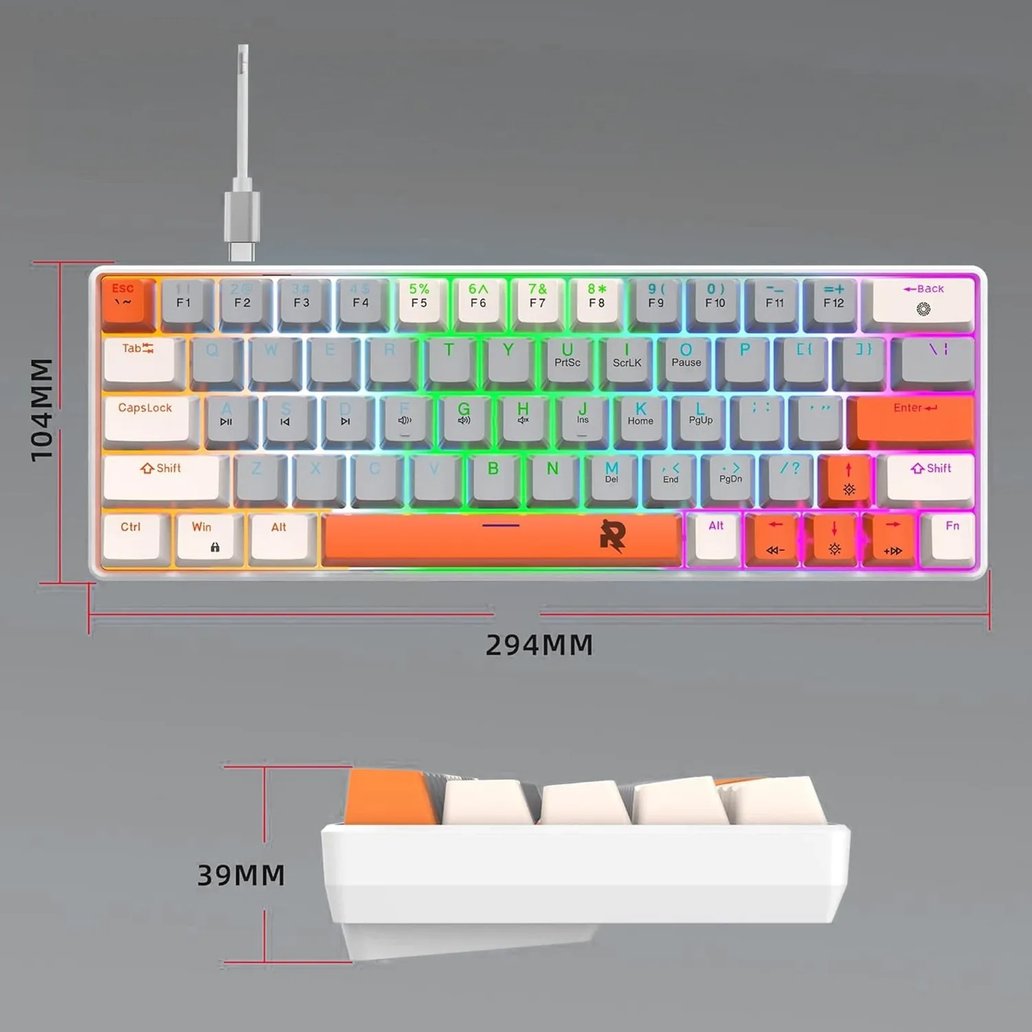 Tastatura gaming Timebox 60% Red Switch gri portocaliu