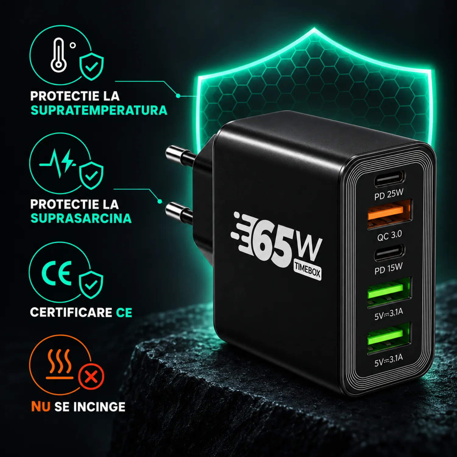 Timebox incarcator retea 65W 5 porturi negru