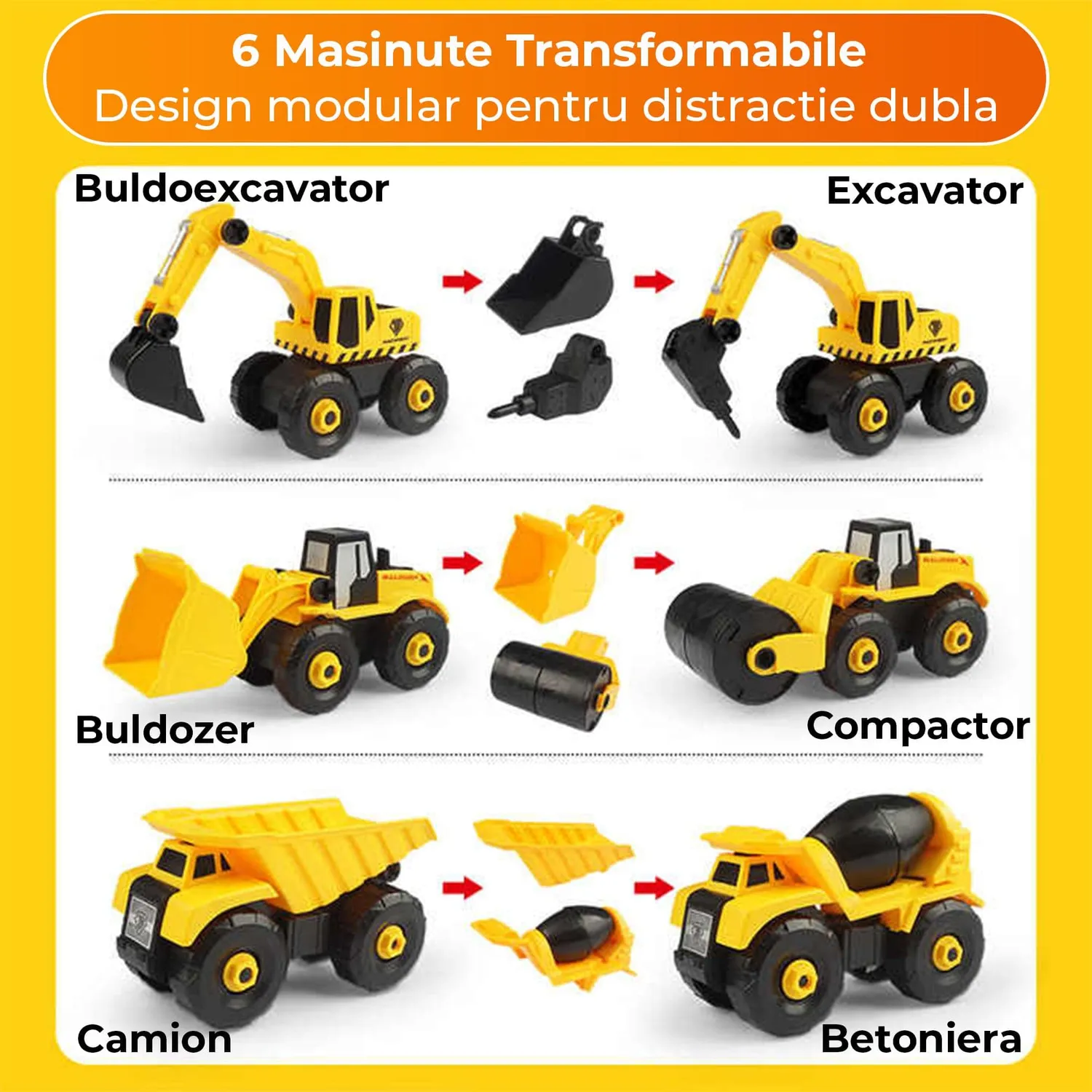 Set masini jucarie Timebox 6 in 1 galben demontabile