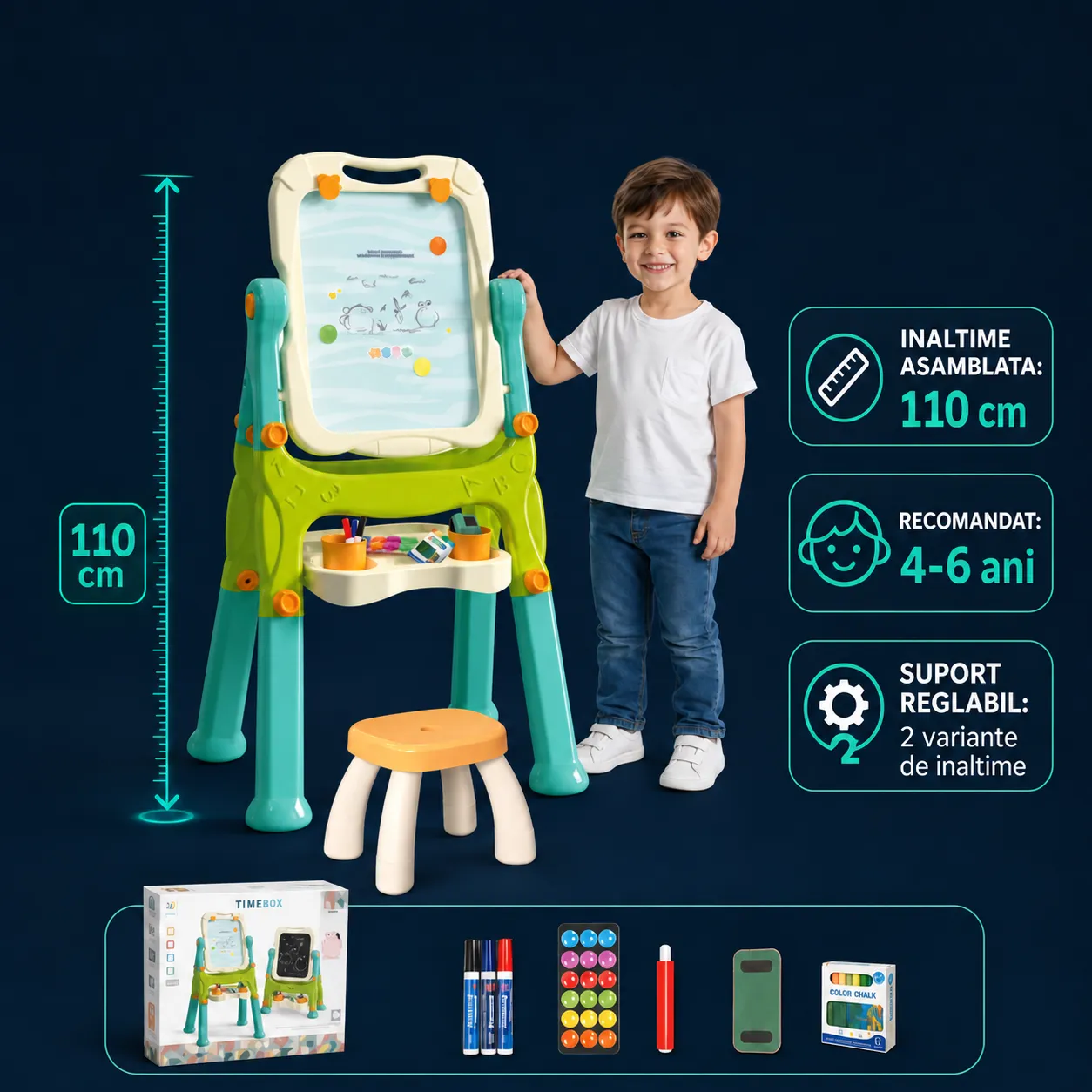 Timebox Tabla Magnetica Copii 3 in 1 Verde cu Scaunel