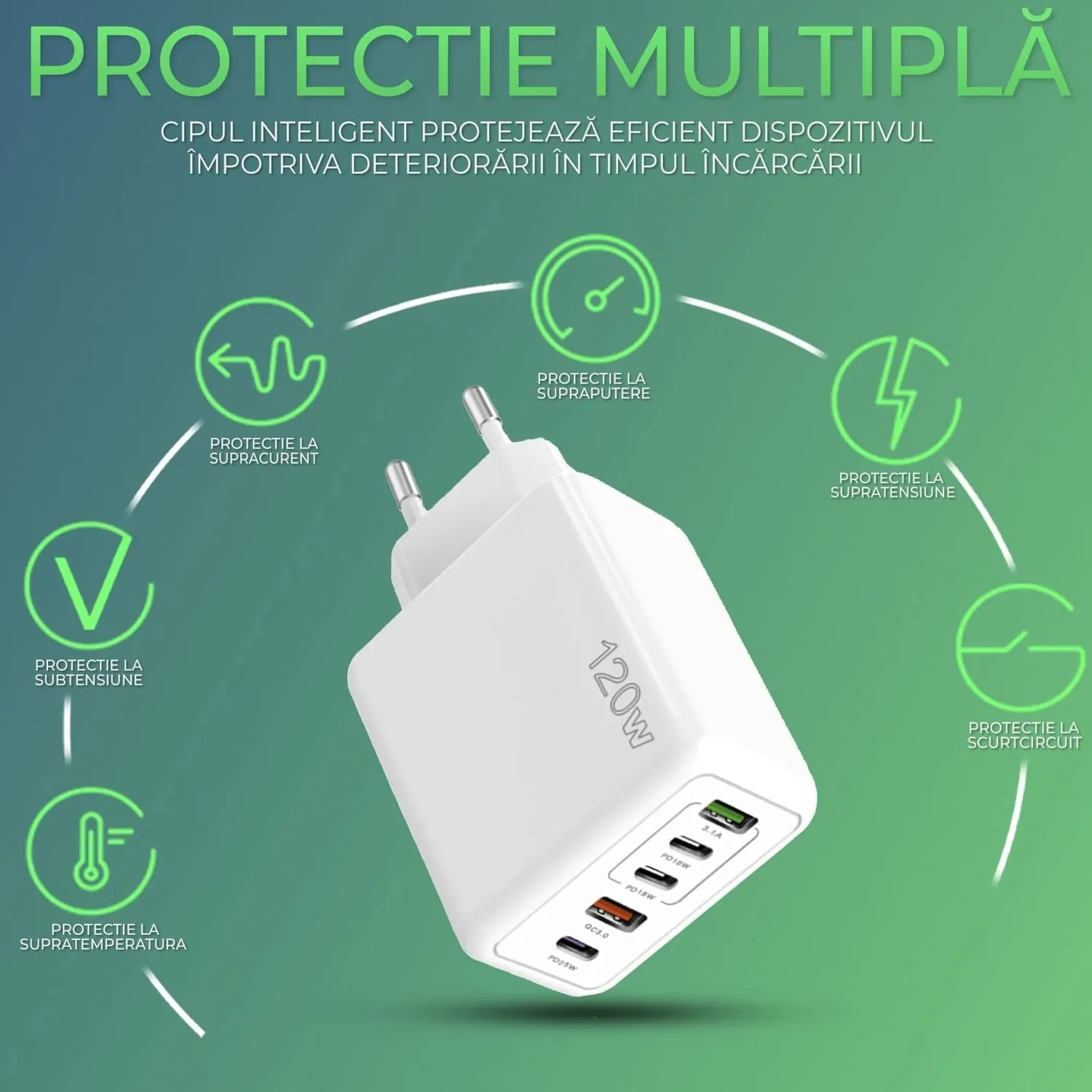 Incarcator retea Timebox 120W 5 porturi alb fast charge