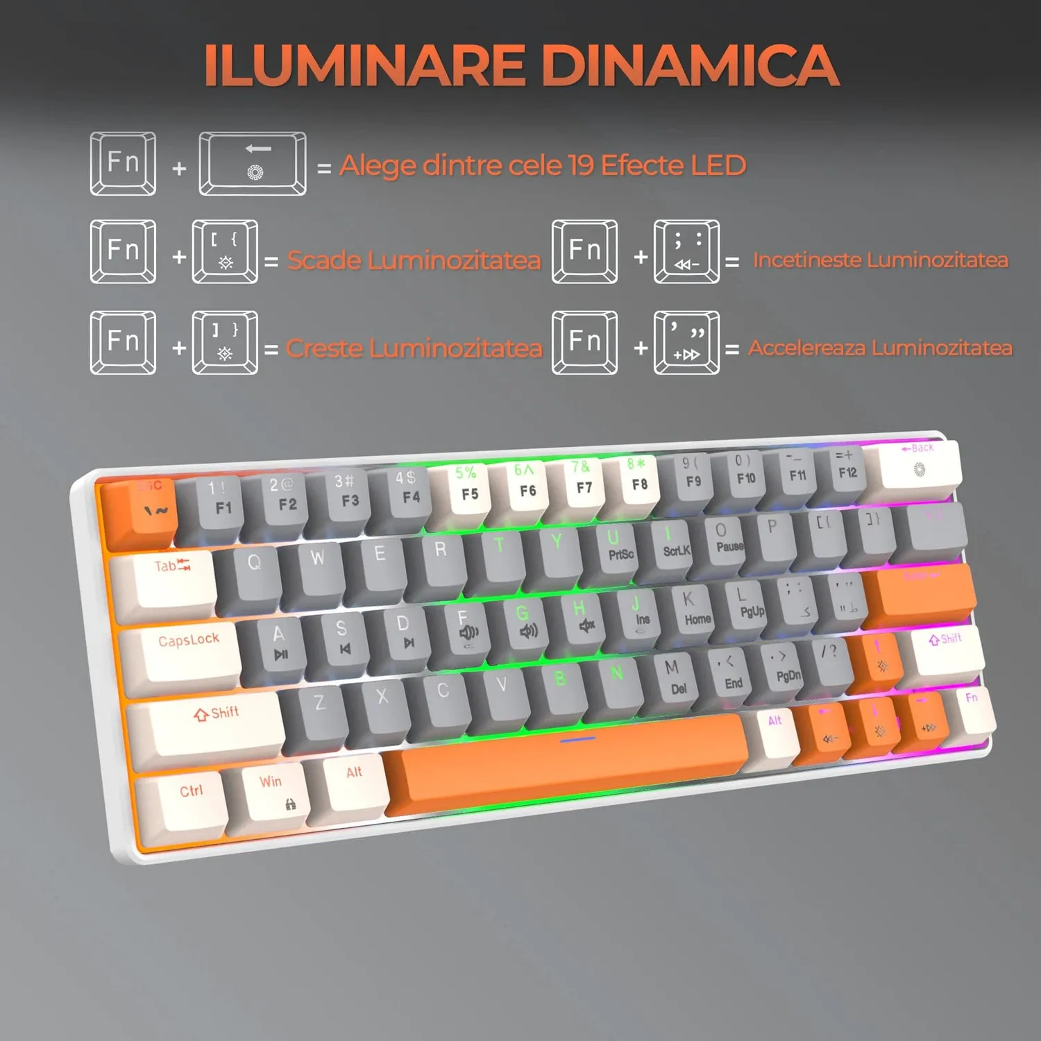 Tastatura gaming Timebox 60% Red Switch gri portocaliu