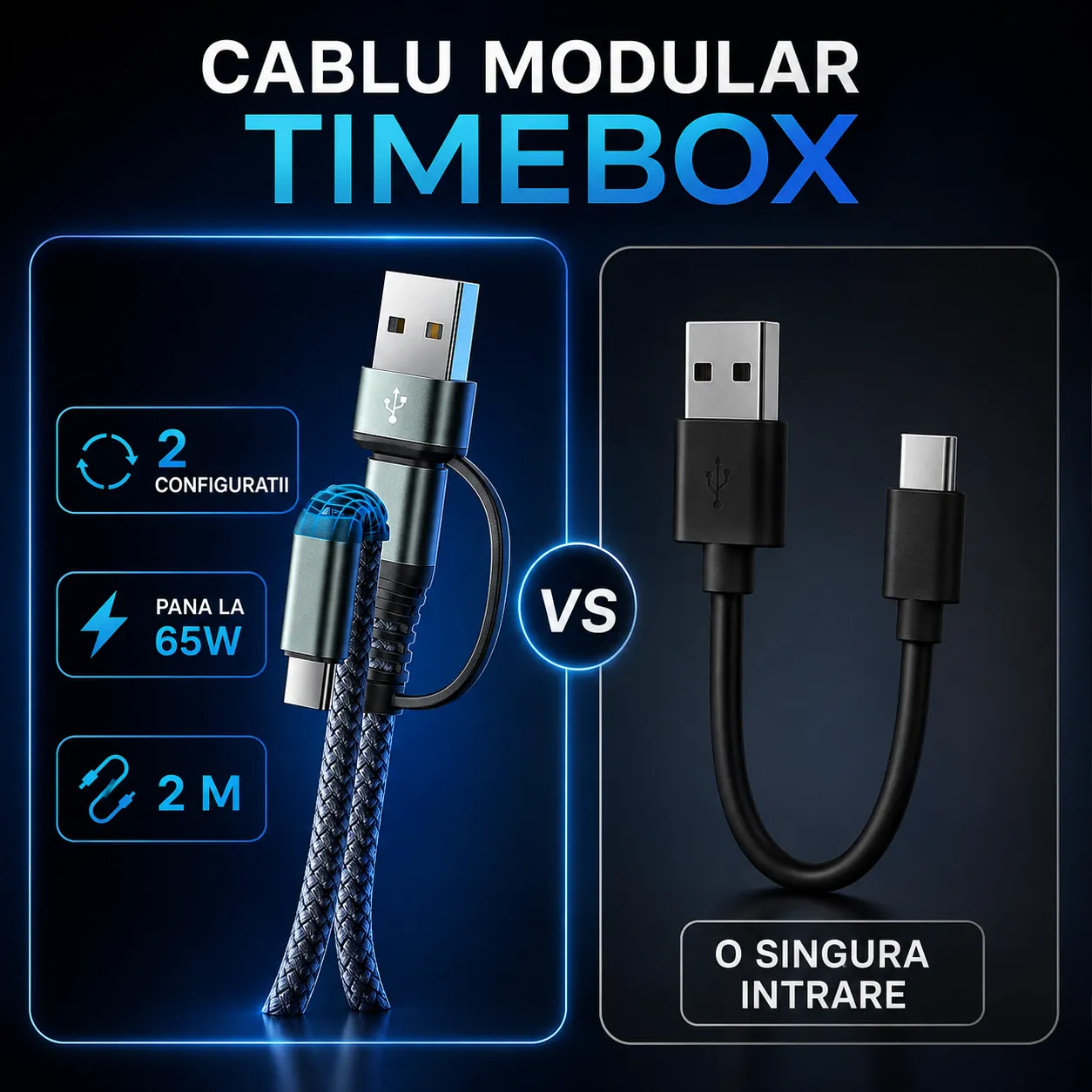 Timebox 2 in 1 cablu USB-C 65W negru 2m nylon