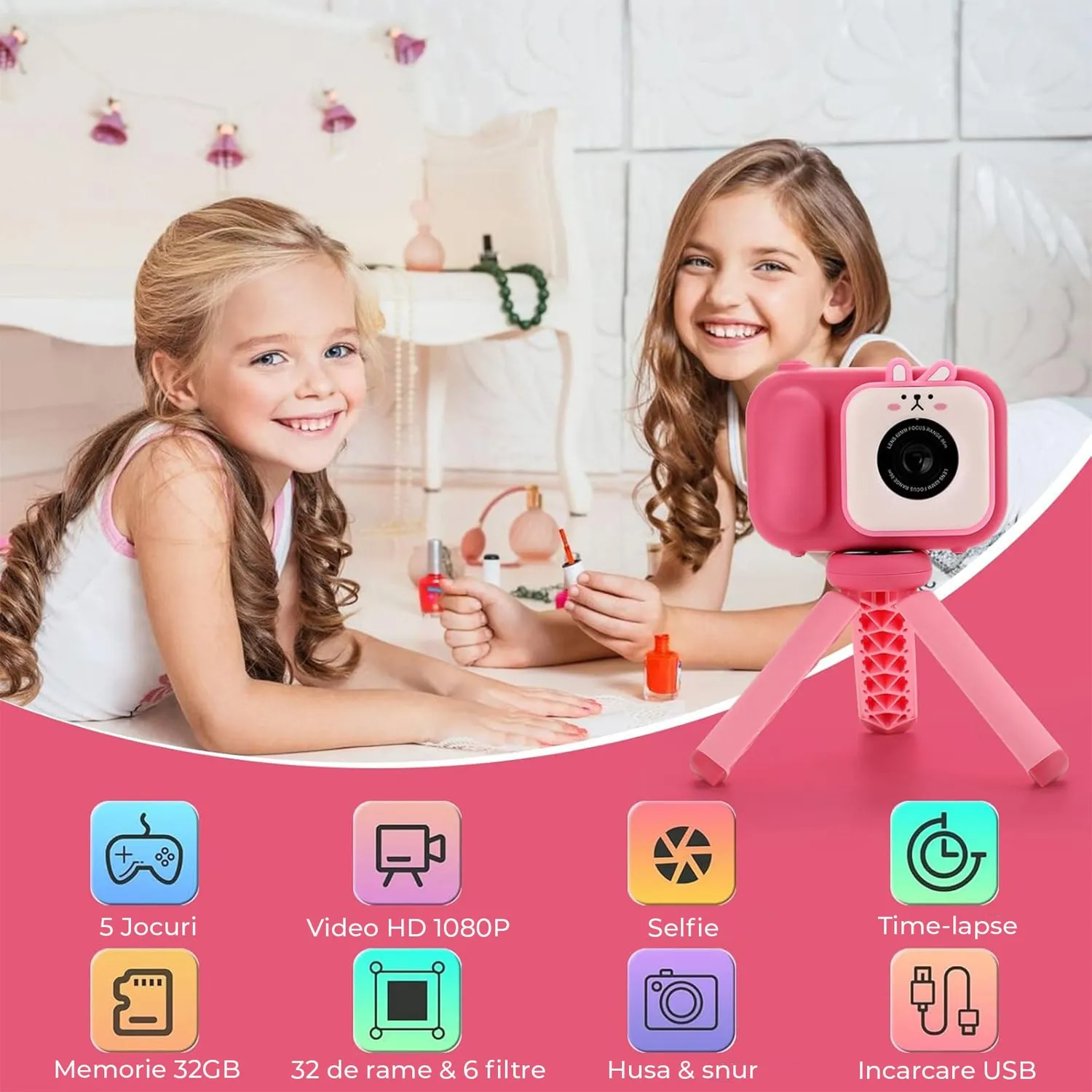 Timebox Camera Video Copii 1080P Roz 32GB Selfie