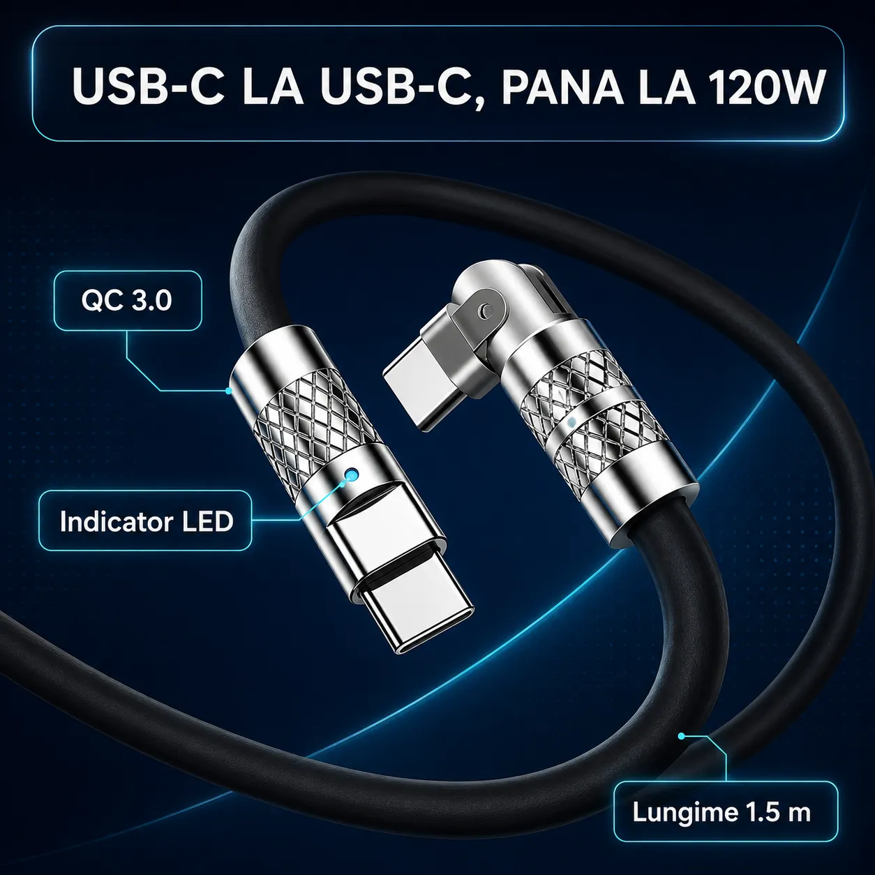 Timebox Cablu Type-C 120W Negru 1,5m cu LED QC 3.0