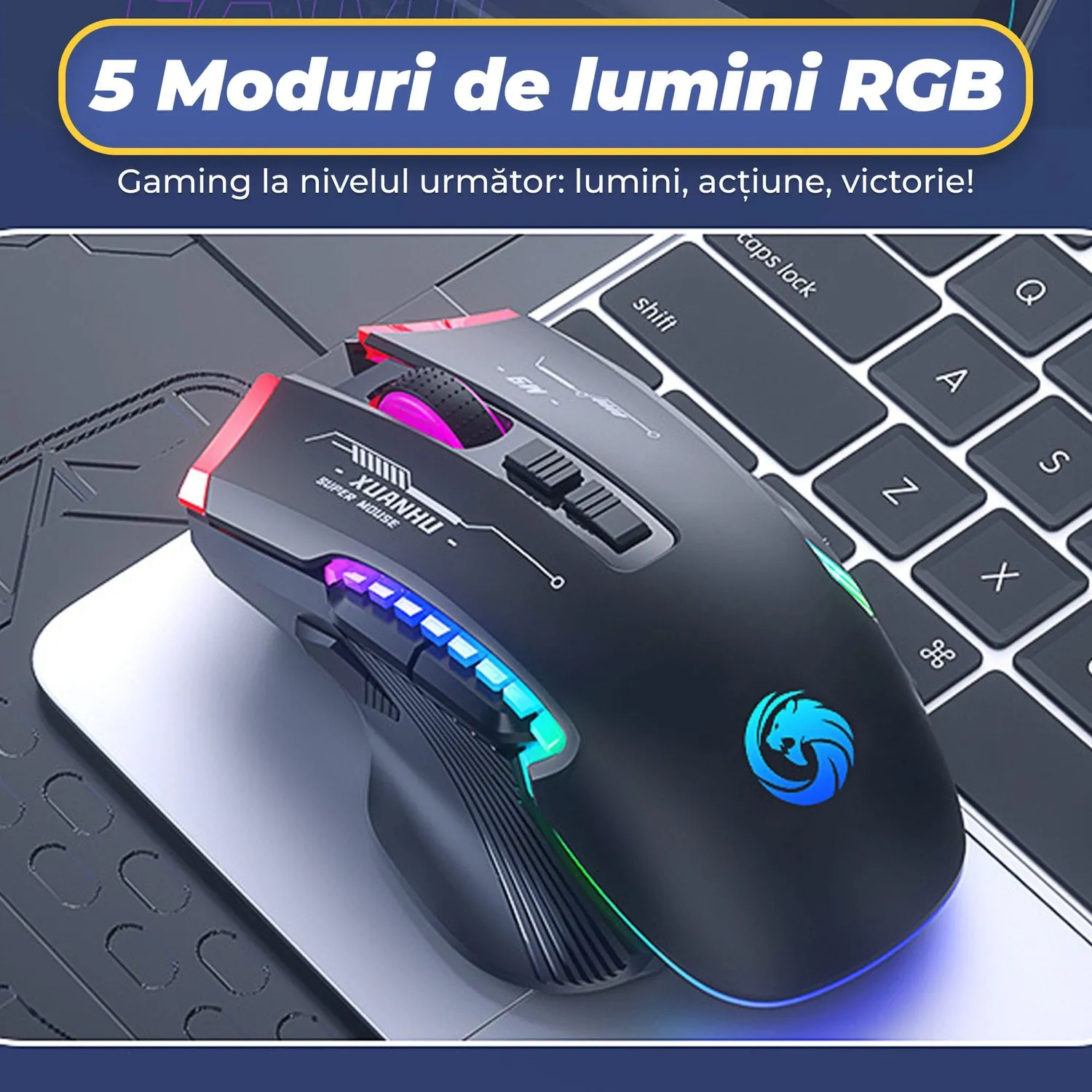 Timebox Mouse Gaming Wireless 3200 DPI RGB Negru Type-C