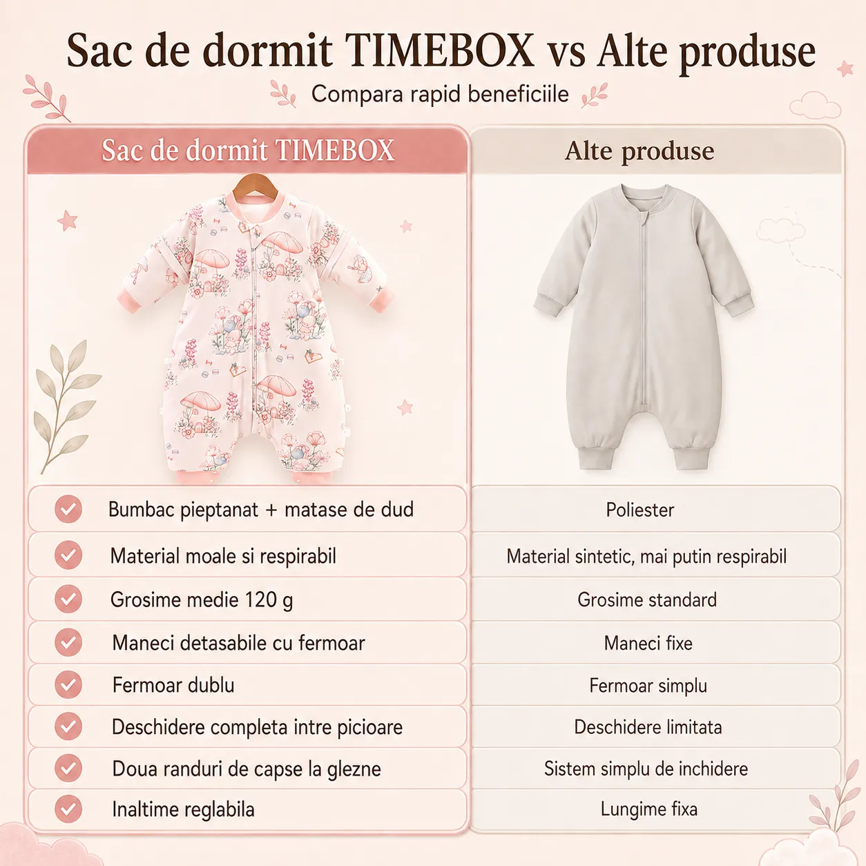 Timebox sac dormit fetițe 2-4 ani mătase dud 120g