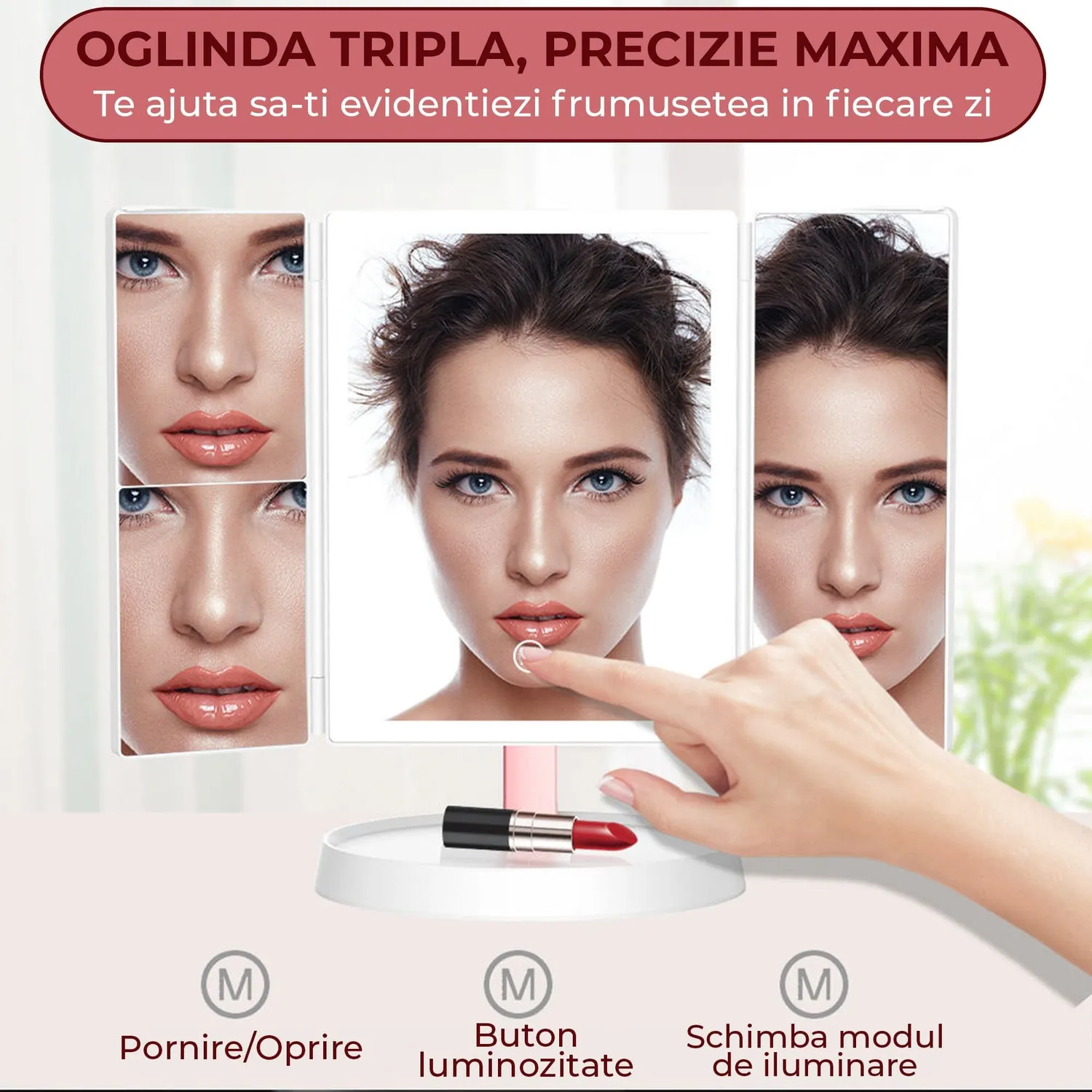 Timebox Trifold oglinda cosmetica LED pliabila 1X/2X/3X