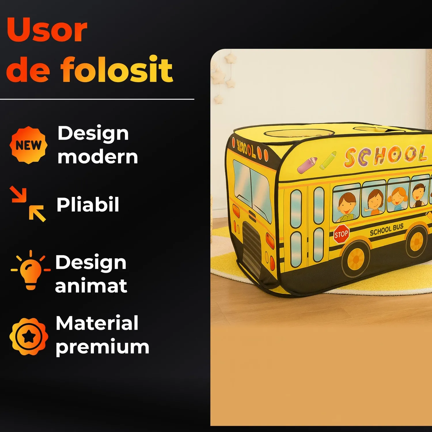Timebox cort joaca copii autobuz galben pop-up 1-5 ani