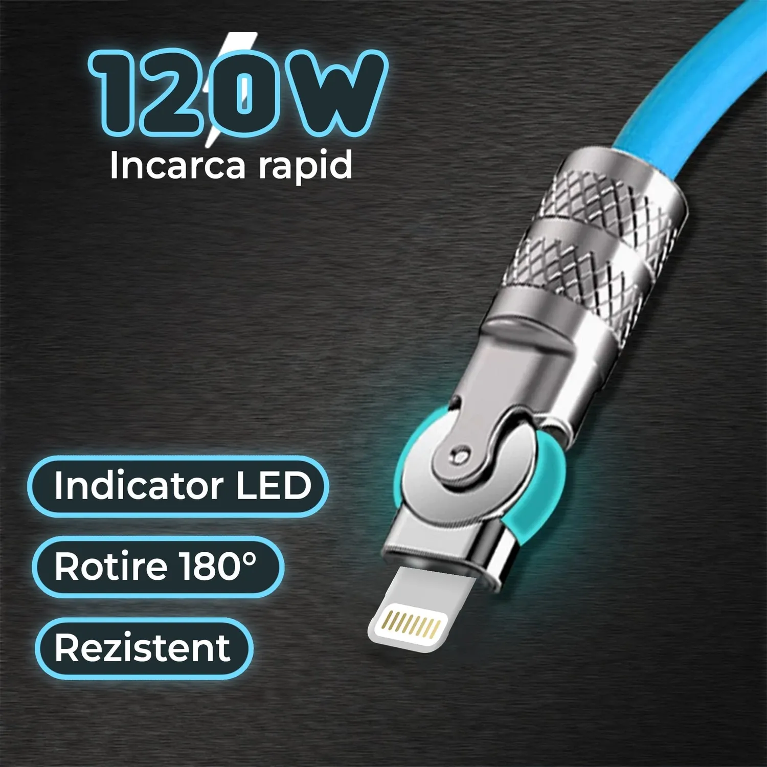 Timebox Cablu USB la USB-C 120W 2m Albastru LED 180°