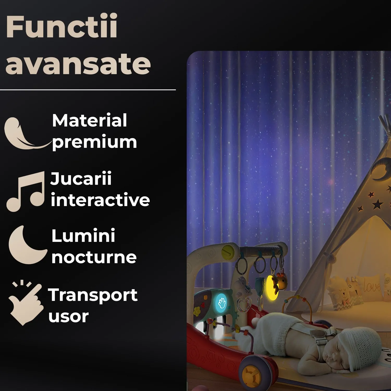 Timebox salteluta bebelusi 4-in-1 cu pian si lumina