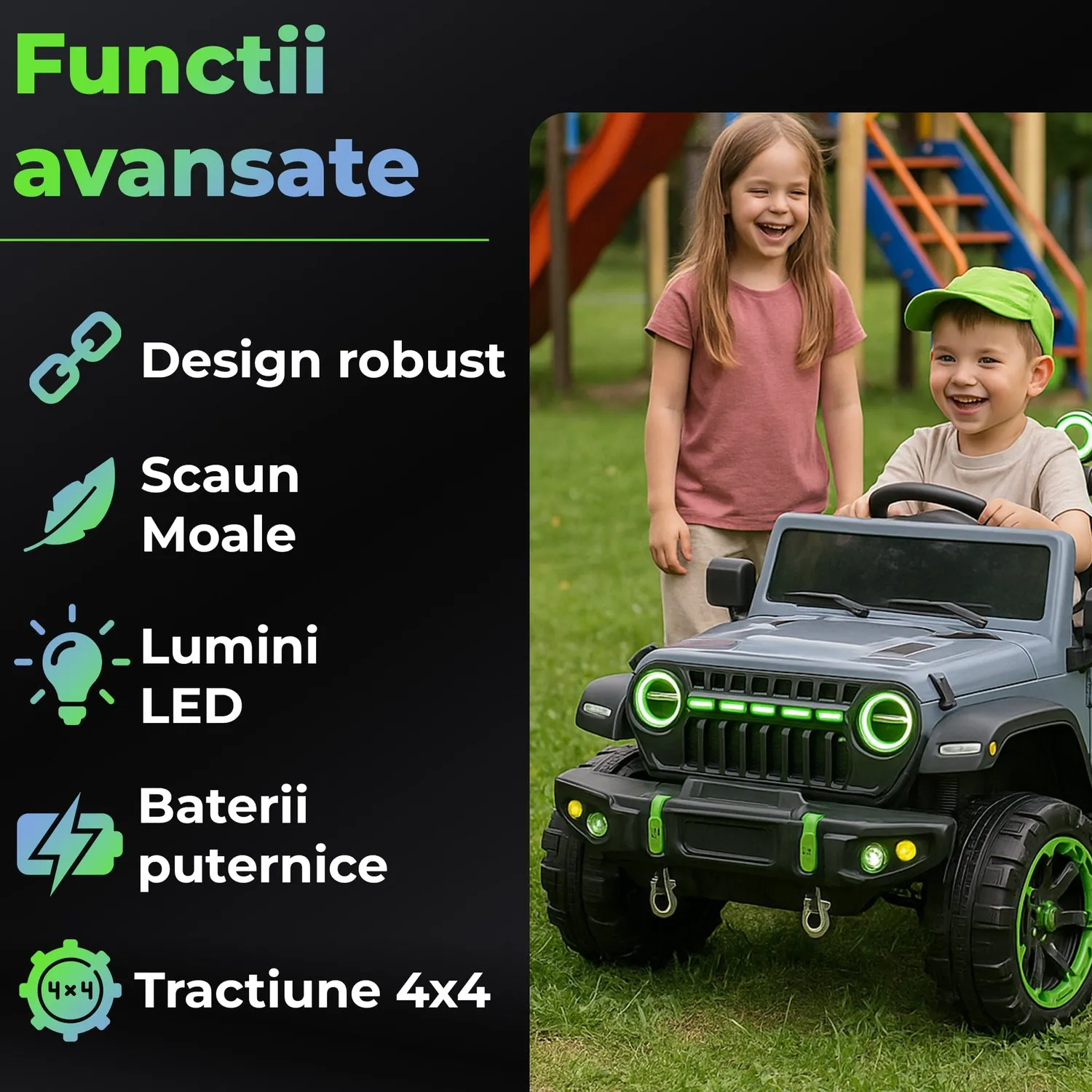 Timebox Jeep Wrangler 4x4 masinuta electrica Negru/Verde off-road