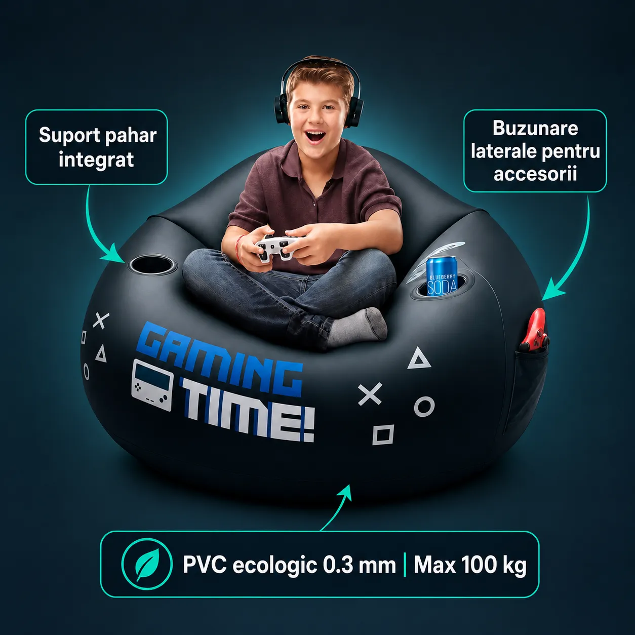 Fotoliu gonflabil gaming Timebox negru cu suport pahar
