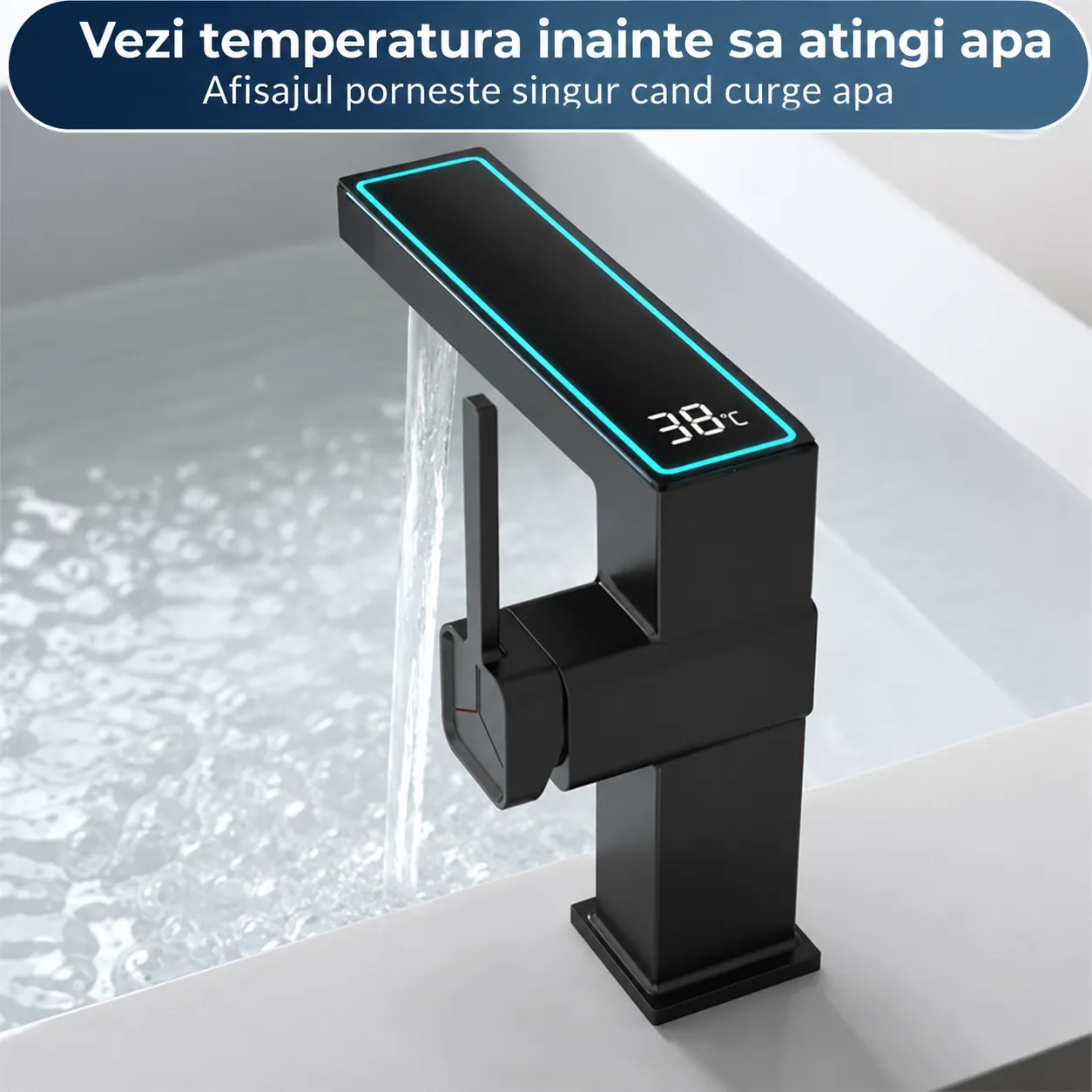 Timebox baterie lavoar LED negru mat monocomanda