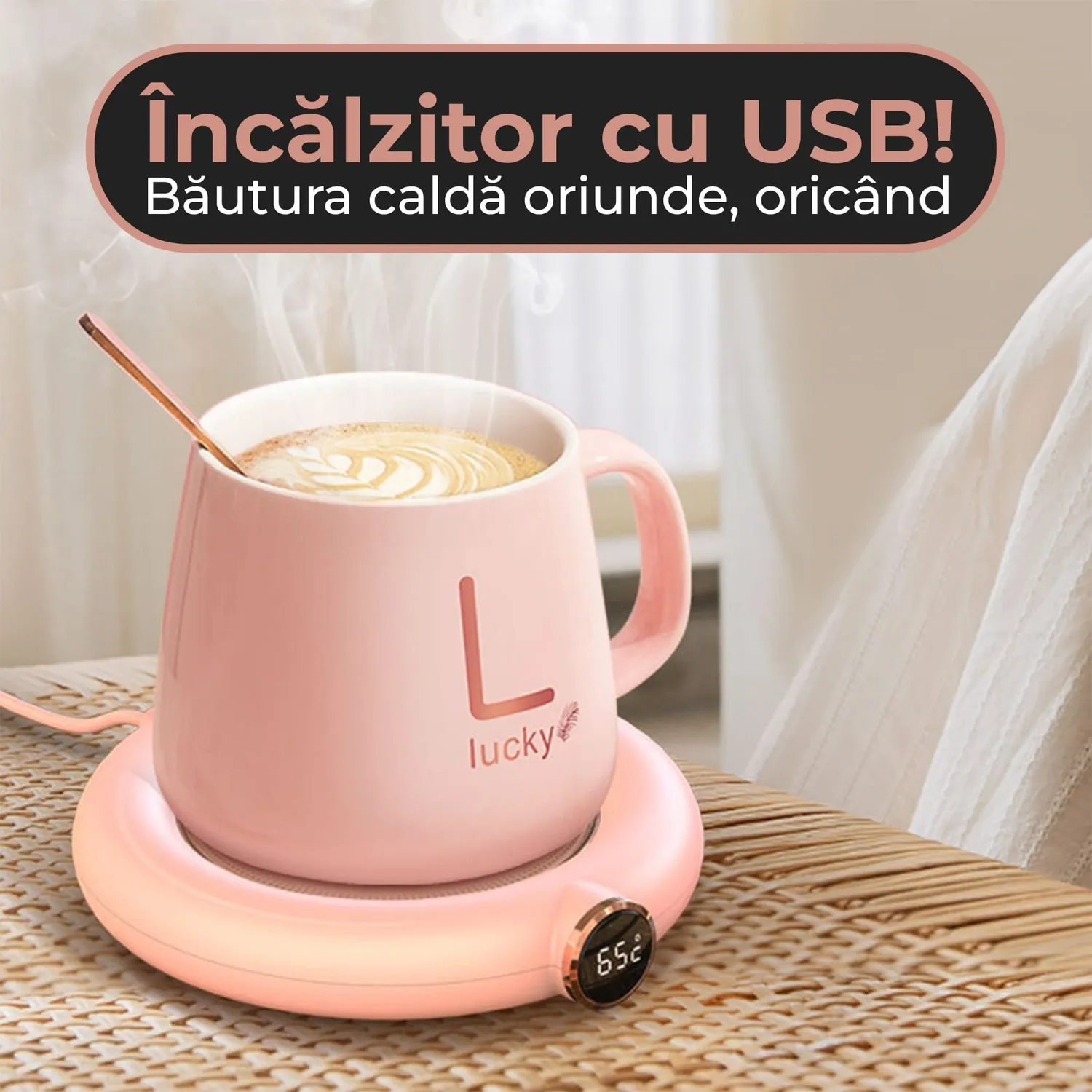 Timebox incalzitor cana USB 75C roz 3 trepte afisaj