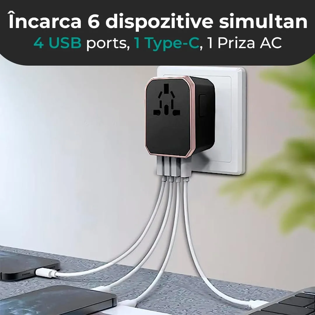 Timebox adaptor priza universal 4 USB + Type-C rose gold