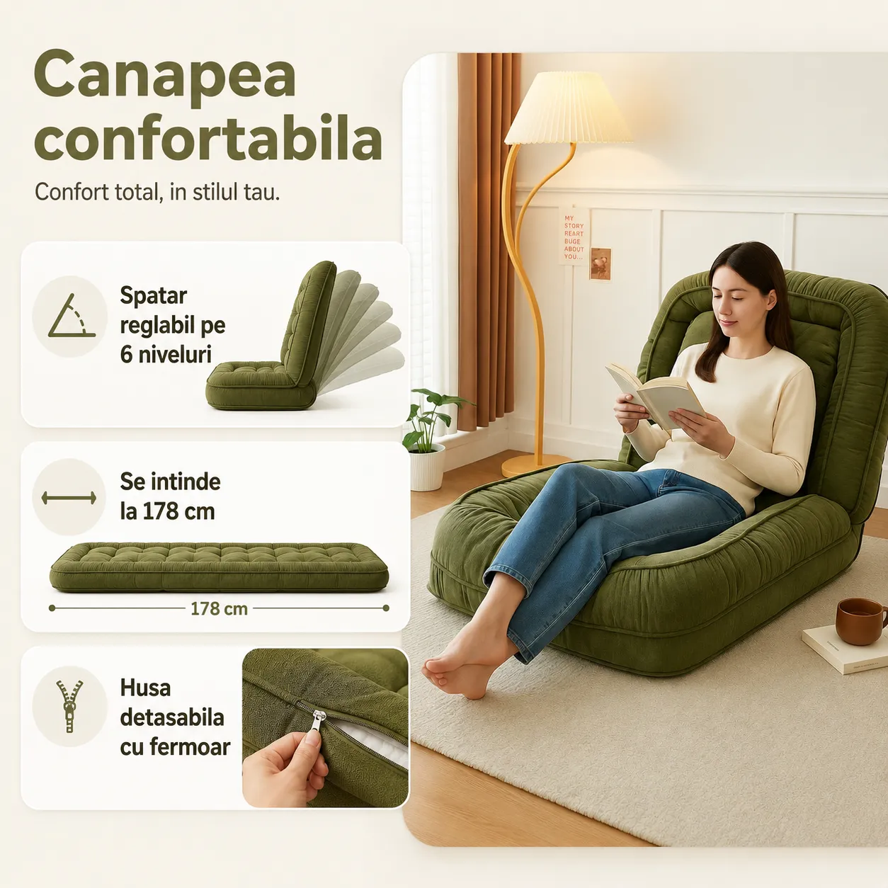 Timebox canapea pliabilă podea 178cm verde cu husă