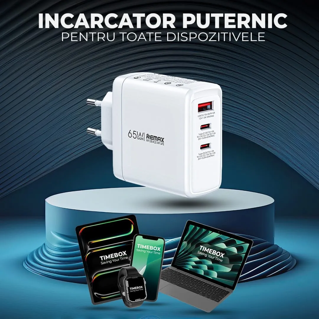 Timebox incarcator retea 65W 3 porturi alb Type-C USB laptop