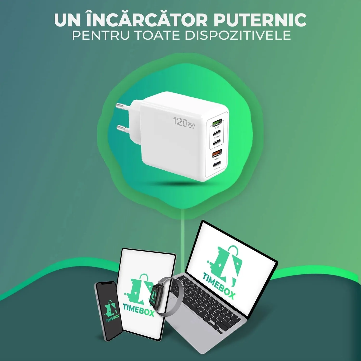 Incarcator retea Timebox 120W 5 porturi alb fast charge