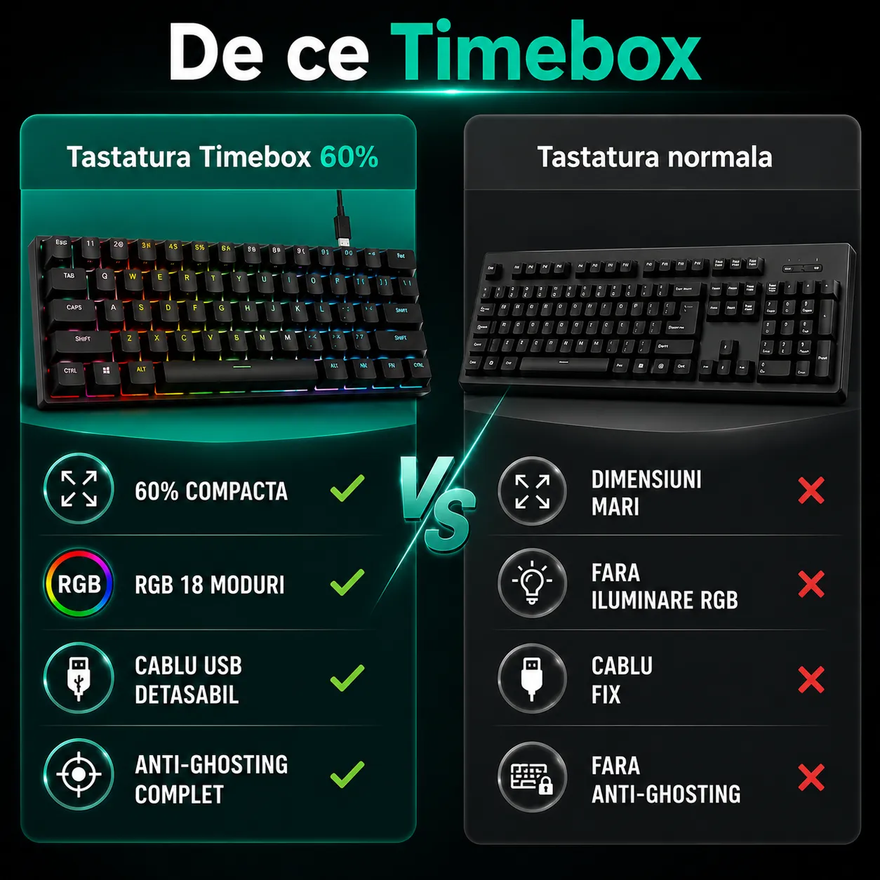 Timebox TS91 Tastatură gaming 60% RGB neagră waterproof