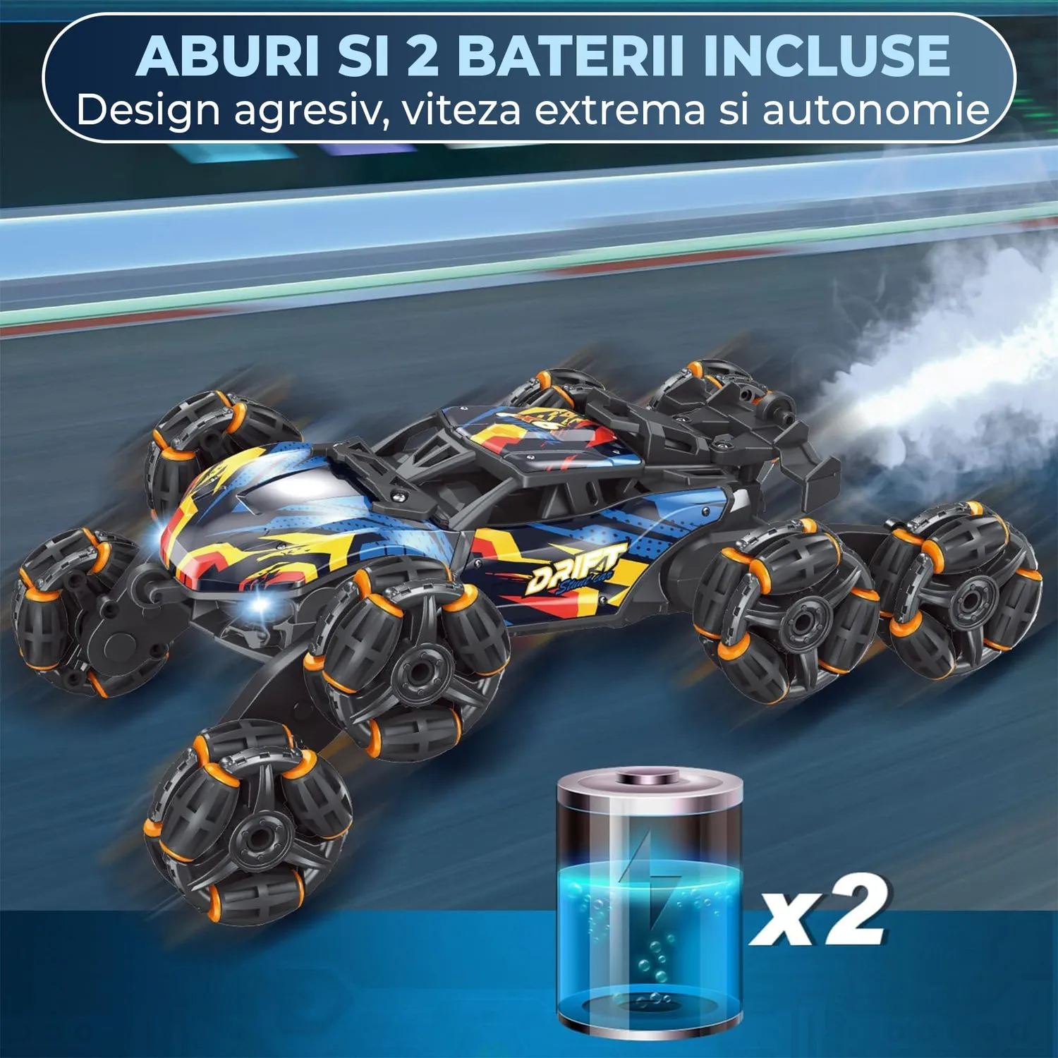 Timebox masina RC 8 roti albastra gesturi cascadorii 360
