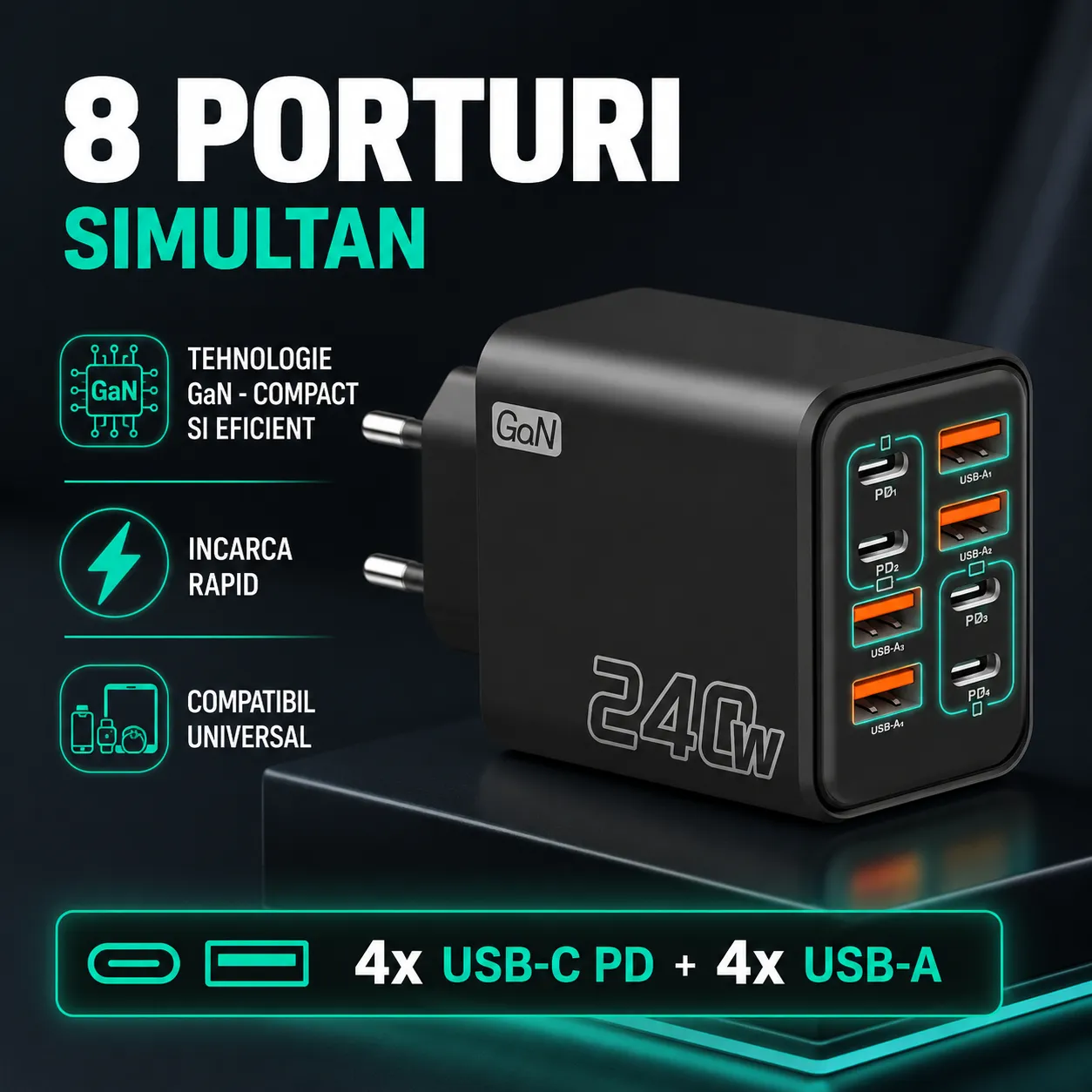Timebox 240W incarcator GaN 8 porturi USB-C USB-A