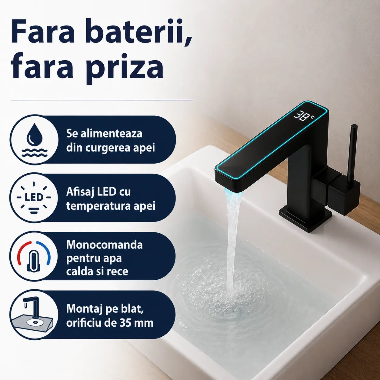 Timebox baterie lavoar LED negru mat monocomanda