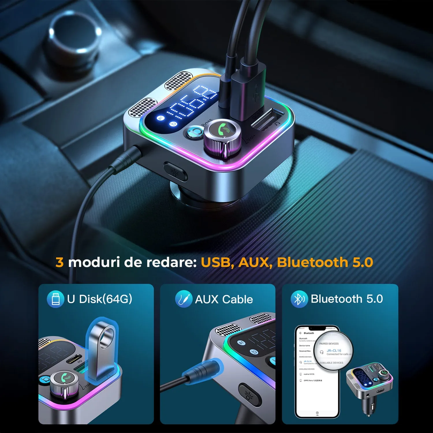 Timebox modulator FM auto Bluetooth 5 negru hands-free