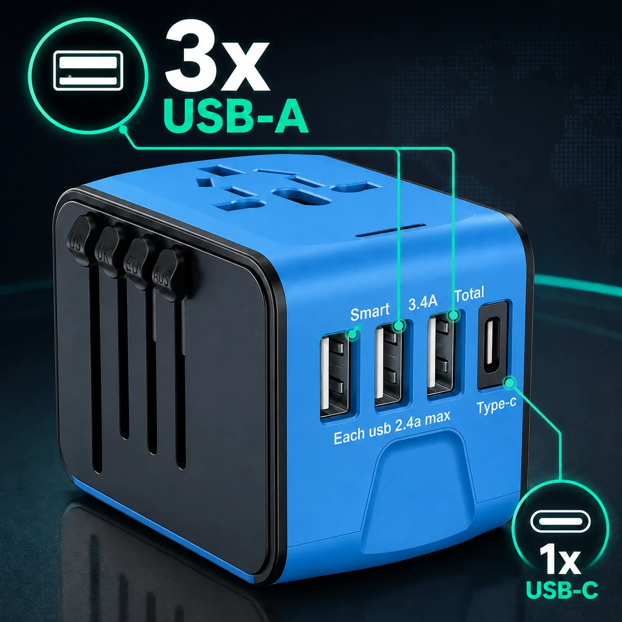 Timebox Adaptor priză călătorie 3 USB + Type-C albastru