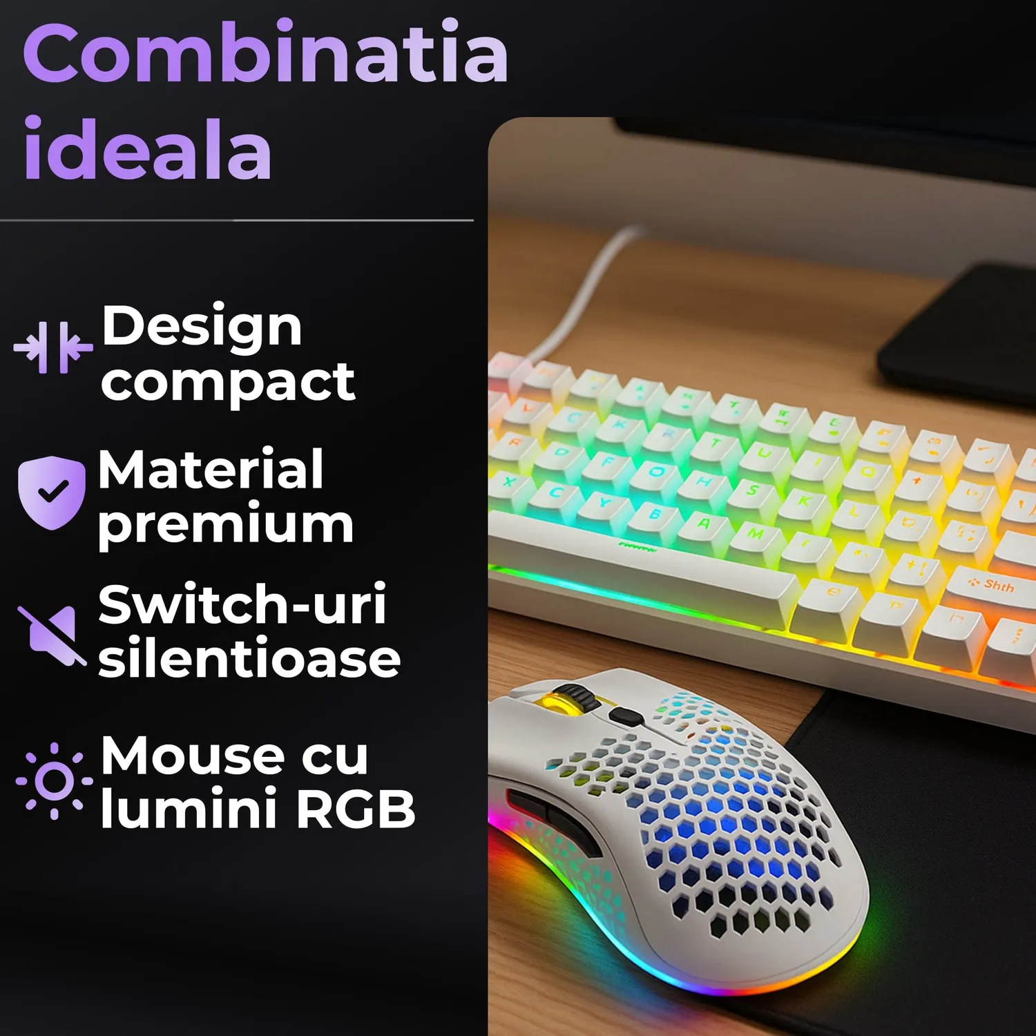 Timebox set gaming 60% Red Switch wireless alb RGB