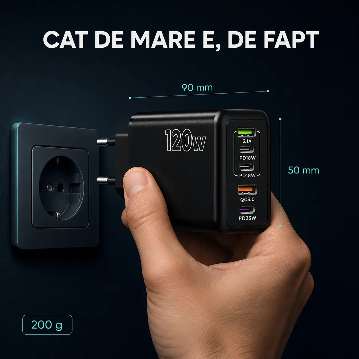 Timebox Încărcător rețea 5 porturi 120W 3x Type-C negru