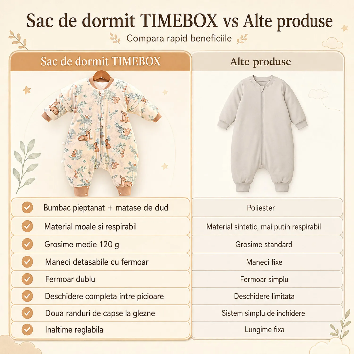 Timebox 120g sac dormit bebelusi baietei 2-4 ani matase dud