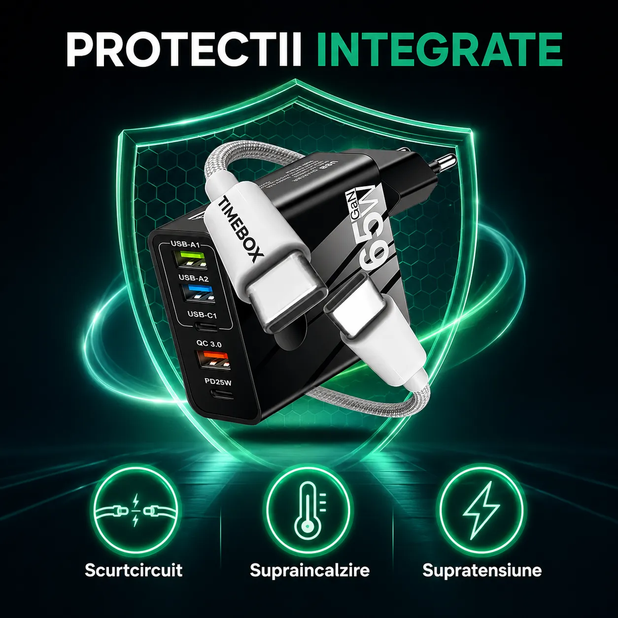 Timebox 65W incarcator retea alb 5 porturi rapid